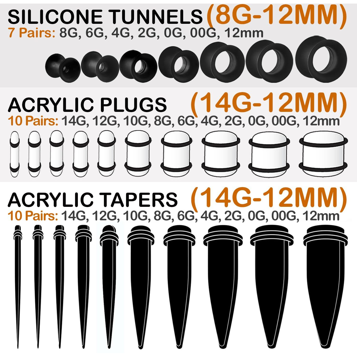 Bodyj4You 54Pc Ear Stretching Kit 14G-12Mm - Aftercare Jojoba Oil - Glow Dark Acrylic Plugs Gauge Tapers Silicone Tunnels - Lightweight Expanders Men Women