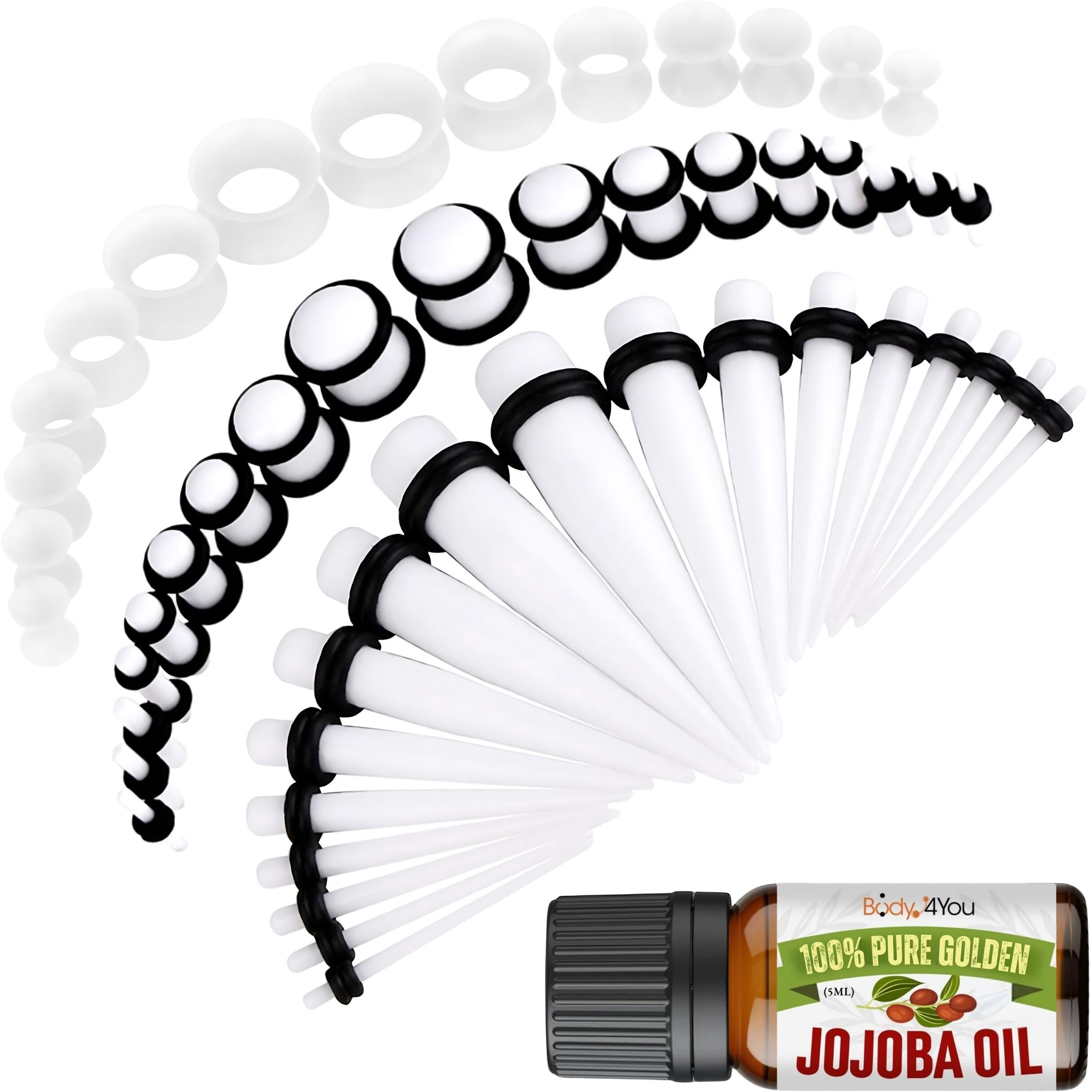 Bodyj4You 54Pc Ear Stretching Kit 14G-12Mm - Aftercare Jojoba Oil - White Acrylic Plugs Gauge Tapers Silicone Tunnels - Lightweight Expanders Men Women