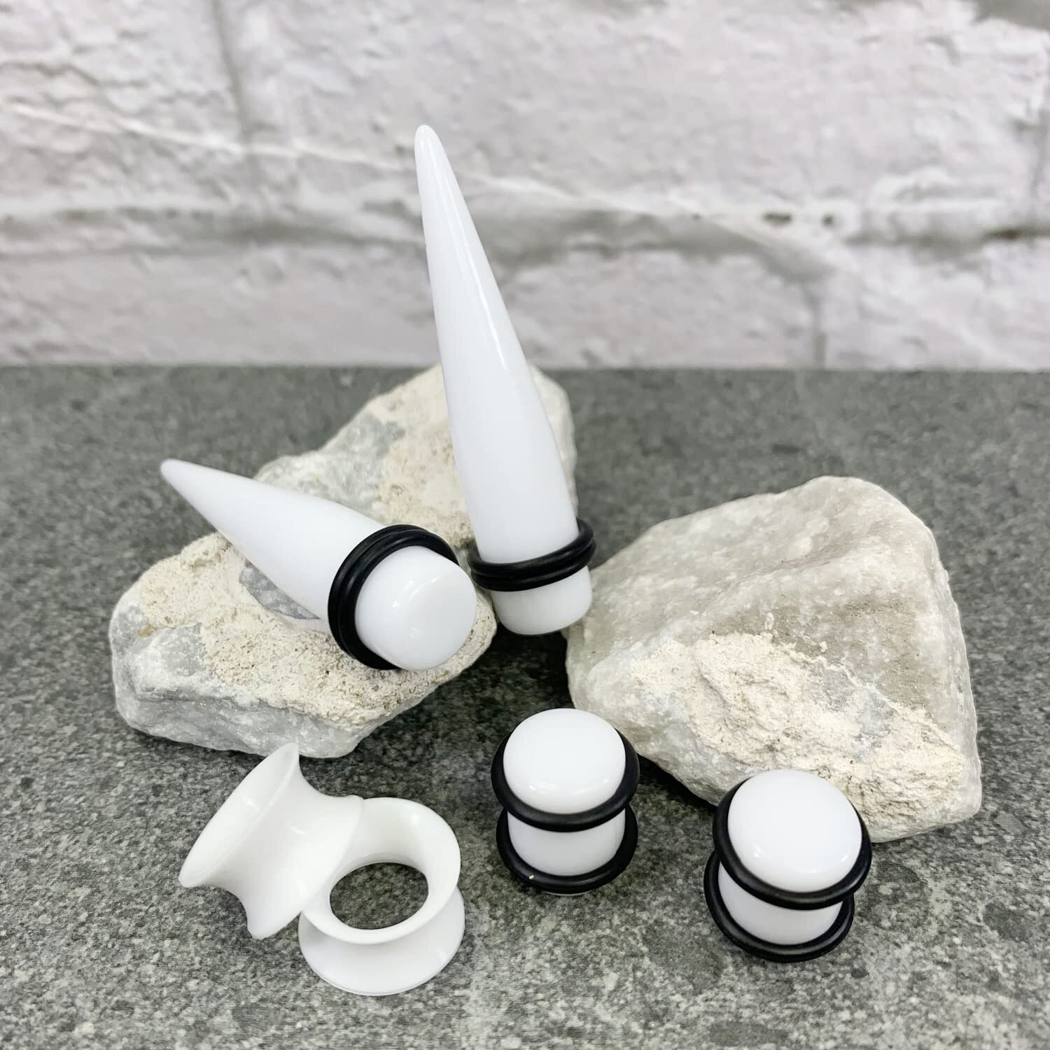 Bodyj4You 54Pc Ear Stretching Kit 14G-12Mm - Aftercare Jojoba Oil - White Acrylic Plugs Gauge Tapers Silicone Tunnels - Lightweight Expanders Men Women