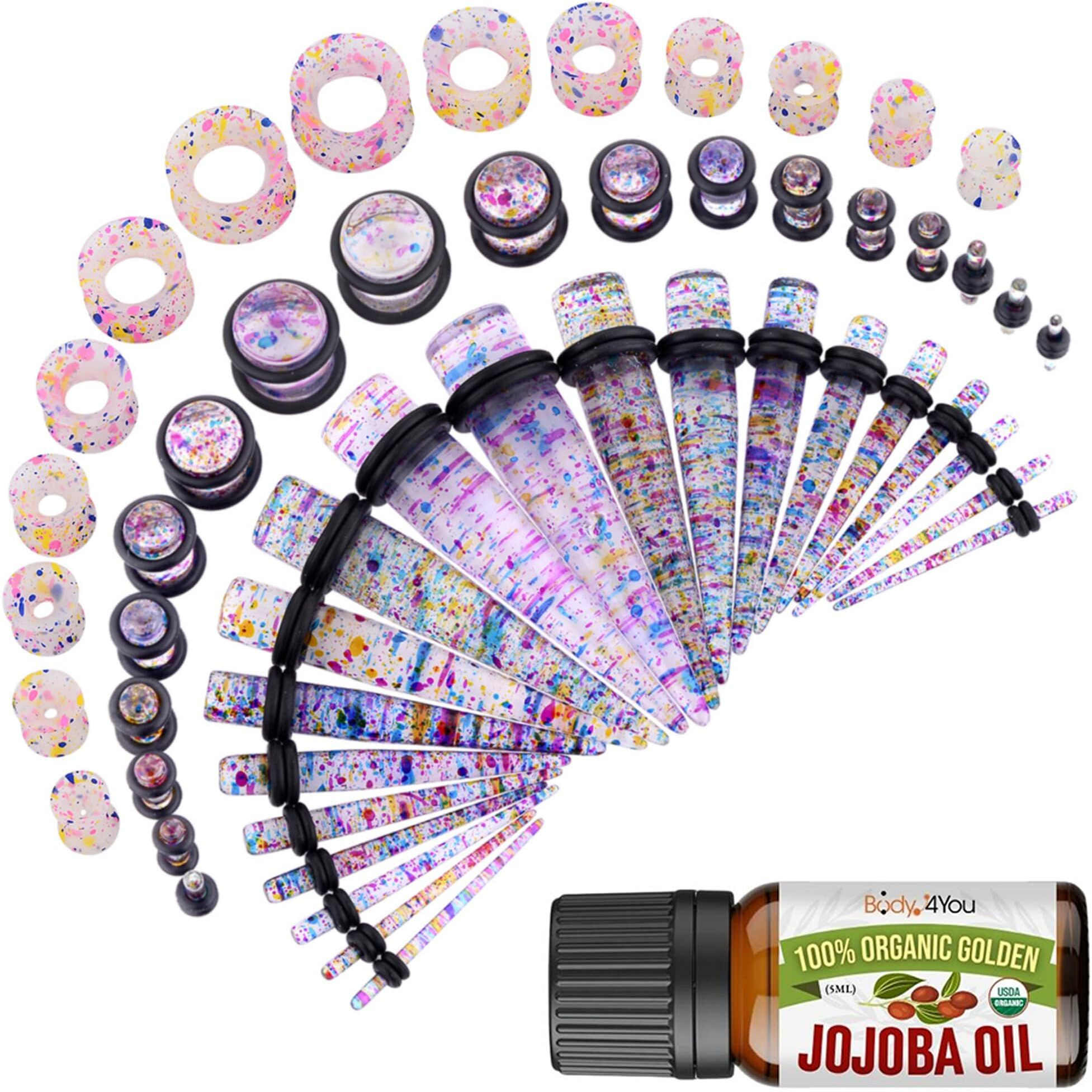 Bodyj4You 54Pc Ear Stretching Kit 14G-12Mm - Aftercare Jojoba Oil - Multicolor Glitter Acrylic Plugs Gauge Tapers Silicone Tunnels - Lightweight Expanders Men Women