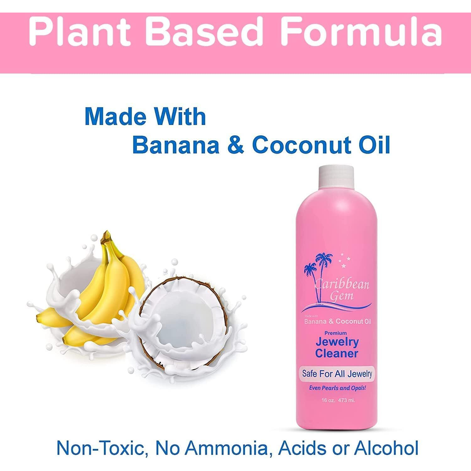 Caribbean Gem Usa All Natural Banana & Coconut Oil Jewelry Cleaner With Polishing Cloth, For Gold, Silver And Precious Gems, Ammonia Free, Hypoallergenic Jewelry Cleaning Solution (16Oz)