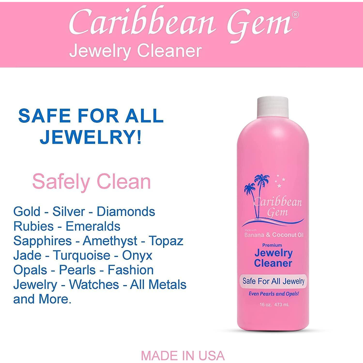 Caribbean Gem Usa All Natural Banana & Coconut Oil Jewelry Cleaner With Polishing Cloth, For Gold, Silver And Precious Gems, Ammonia Free, Hypoallergenic Jewelry Cleaning Solution (16Oz)