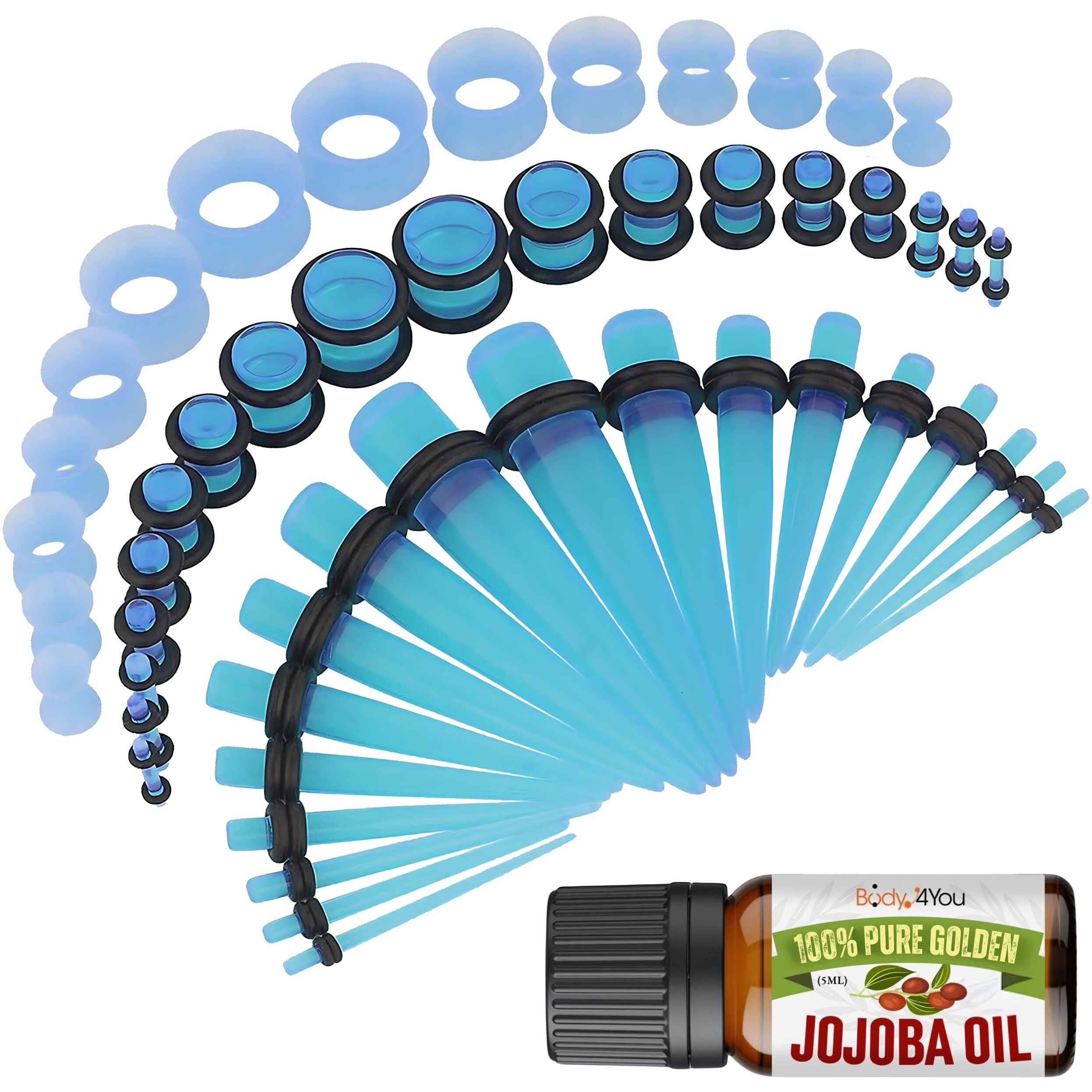 Bodyj4You 54Pc Ear Stretching Kit 14G-12Mm - Aftercare Jojoba Oil - Transparent Aqua Acrylic Plugs Gauge Tapers Silicone Tunnels - Lightweight Expanders Men Women