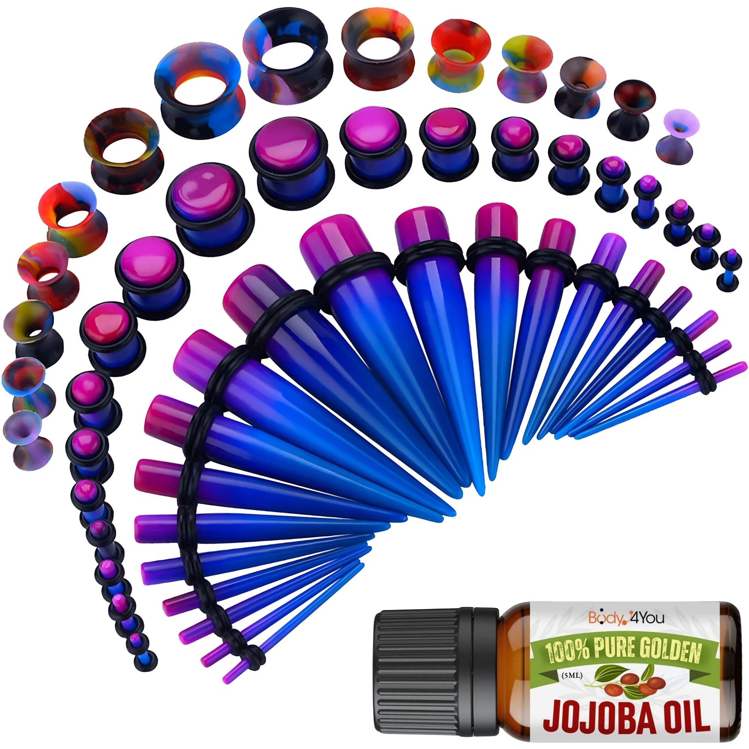 Bodyj4You 54Pc Ear Stretching Kit 14G-12Mm - Aftercare Jojoba Oil - Purple Blue Acrylic Plugs Gauge Tapers Silicone Tunnels - Lightweight Expanders Men Women