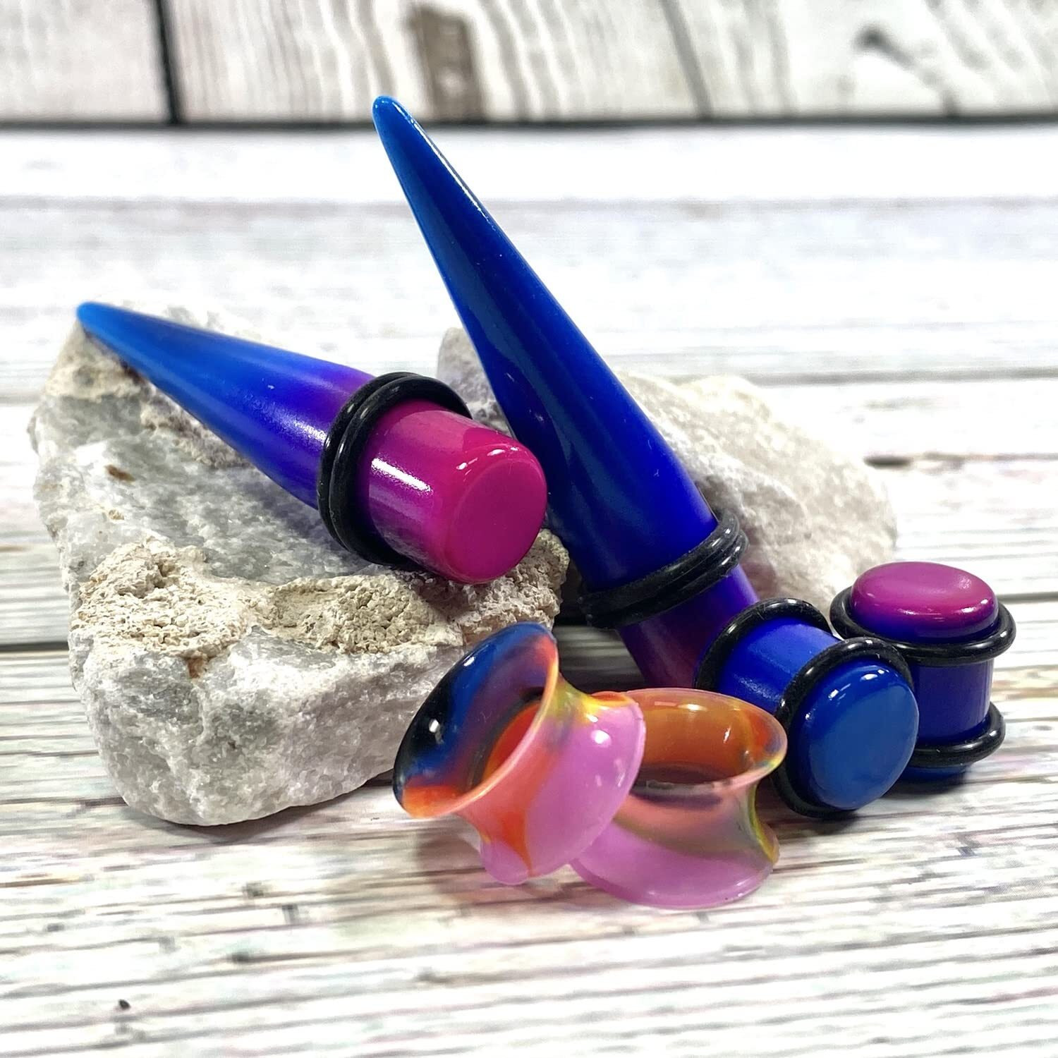 Bodyj4You 54Pc Ear Stretching Kit 14G-12Mm - Aftercare Jojoba Oil - Purple Blue Acrylic Plugs Gauge Tapers Silicone Tunnels - Lightweight Expanders Men Women
