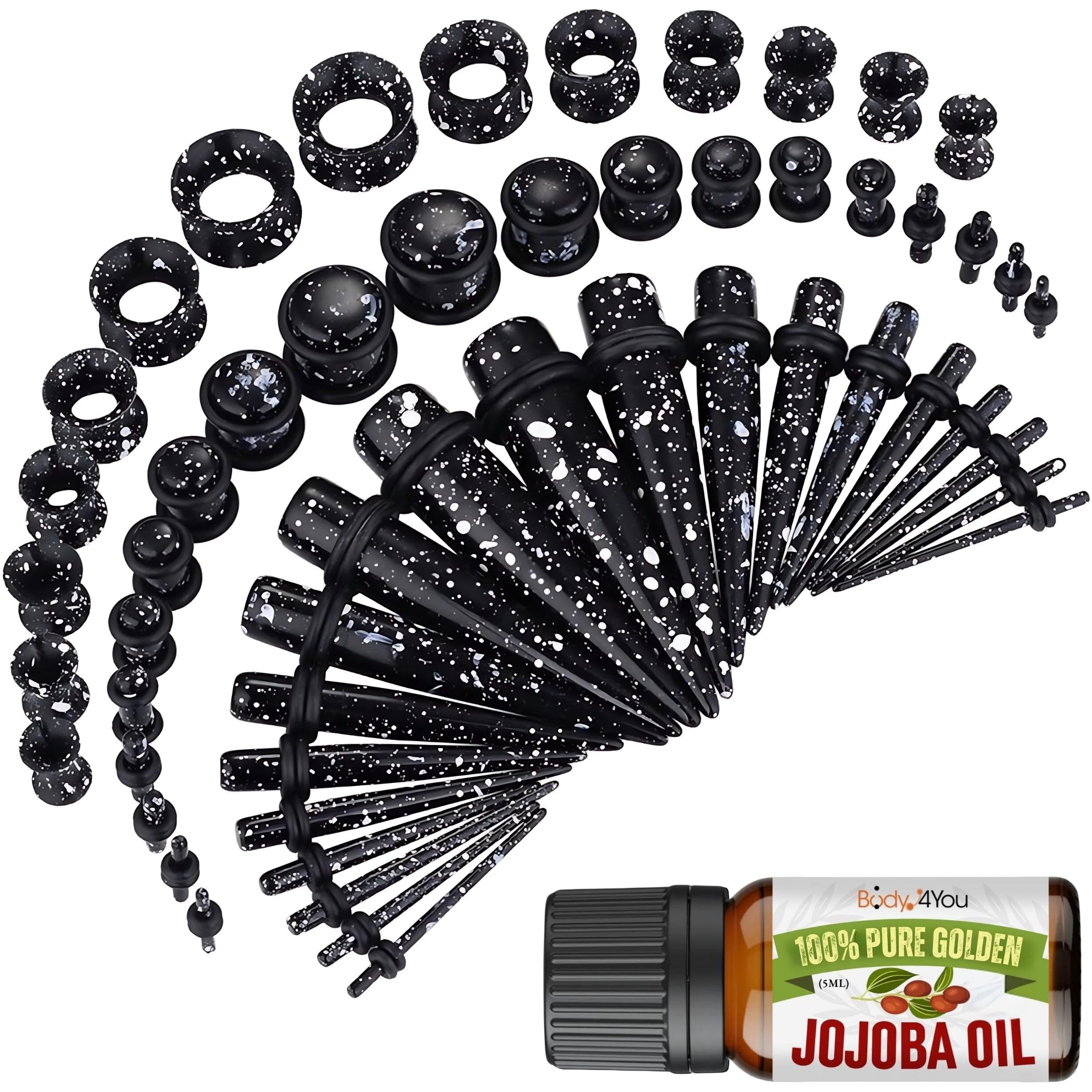 Bodyj4You 54Pc Ear Stretching Kit 14G-12Mm - Aftercare Jojoba Oil - Black White Splatter Acrylic Plugs Gauge Tapers Silicone Tunnels - Lightweight Expanders Men Women
