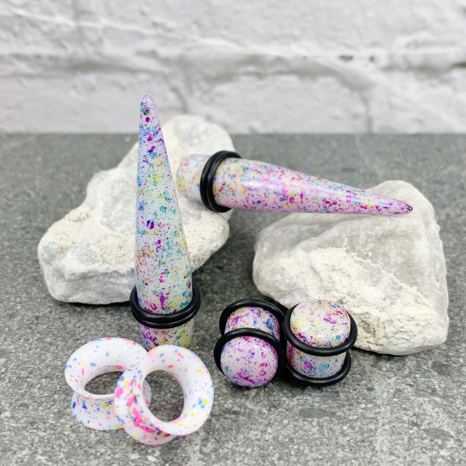 Bodyj4You 54Pc Ear Stretching Kit 14G-12Mm - Aftercare Jojoba Oil - Multicolor Splatter Acrylic Plugs Gauge Tapers Silicone Tunnels - Lightweight Expanders Men Women