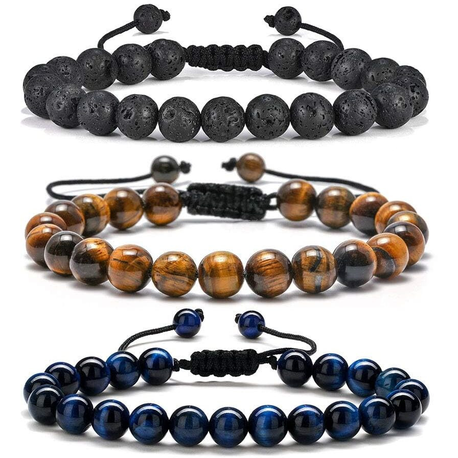 M Mooham Gifts For Male Coworkers Mens - Natural Black Lava Rock Stone Mens Anxiety Tiger Eye Bracelets Adjustable Aromatherapy Essential Oil Diffuser Healing Bracelet