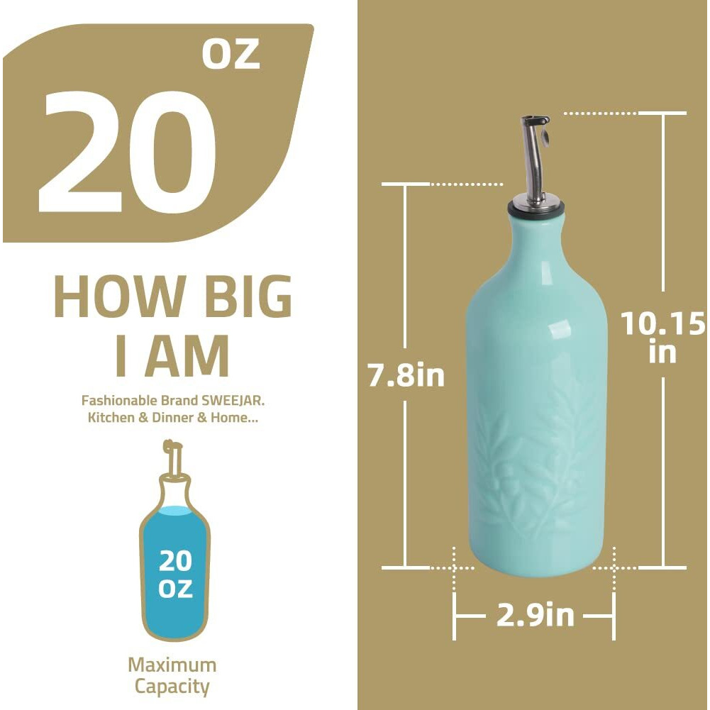 Sweejar Ceramic Olive Oil Dispenser Bottle, 20 Oz Relief Opaque Oil Cruet Protects To Reduce Oxidation, Suitable For Storage Vinegar, Soy Sauce,Liquids,Set Of 2 (White Black)