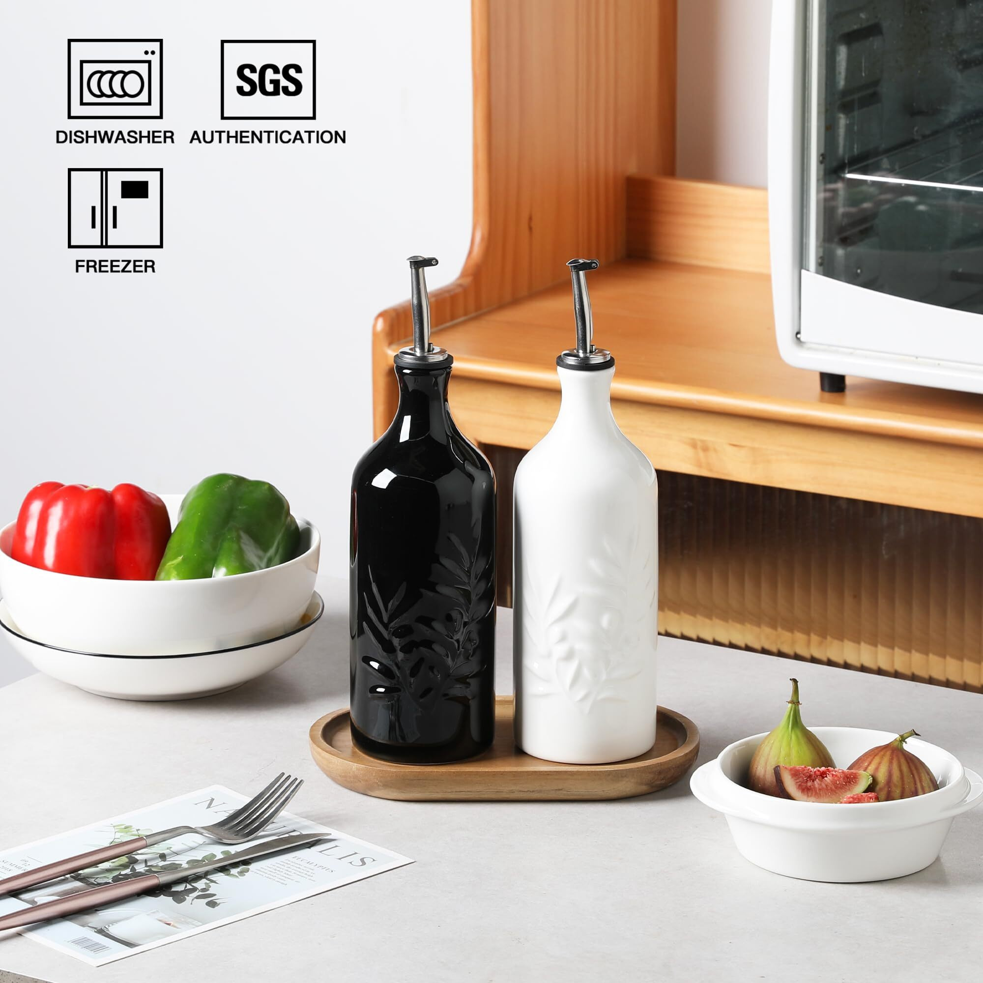 Sweejar Ceramic Olive Oil Dispenser Bottle, 20 Oz Relief Opaque Oil Cruet Protects To Reduce Oxidation, Suitable For Storage Vinegar, Soy Sauce,Liquids,Set Of 2 (White Black)