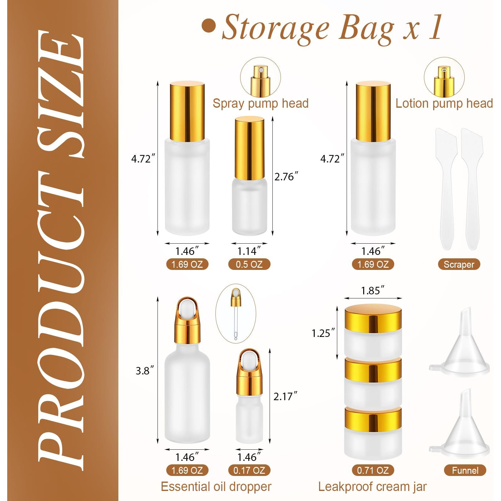 Jingmore 13 Pcs Glass Skincare Travel Containers Mini Makeup Containers Travel Size Toiletries Bottles With Pump Spray And Pu Leather Toiletry Bag For Liquid Serum Cream Moisturizers Oils(Gold)
