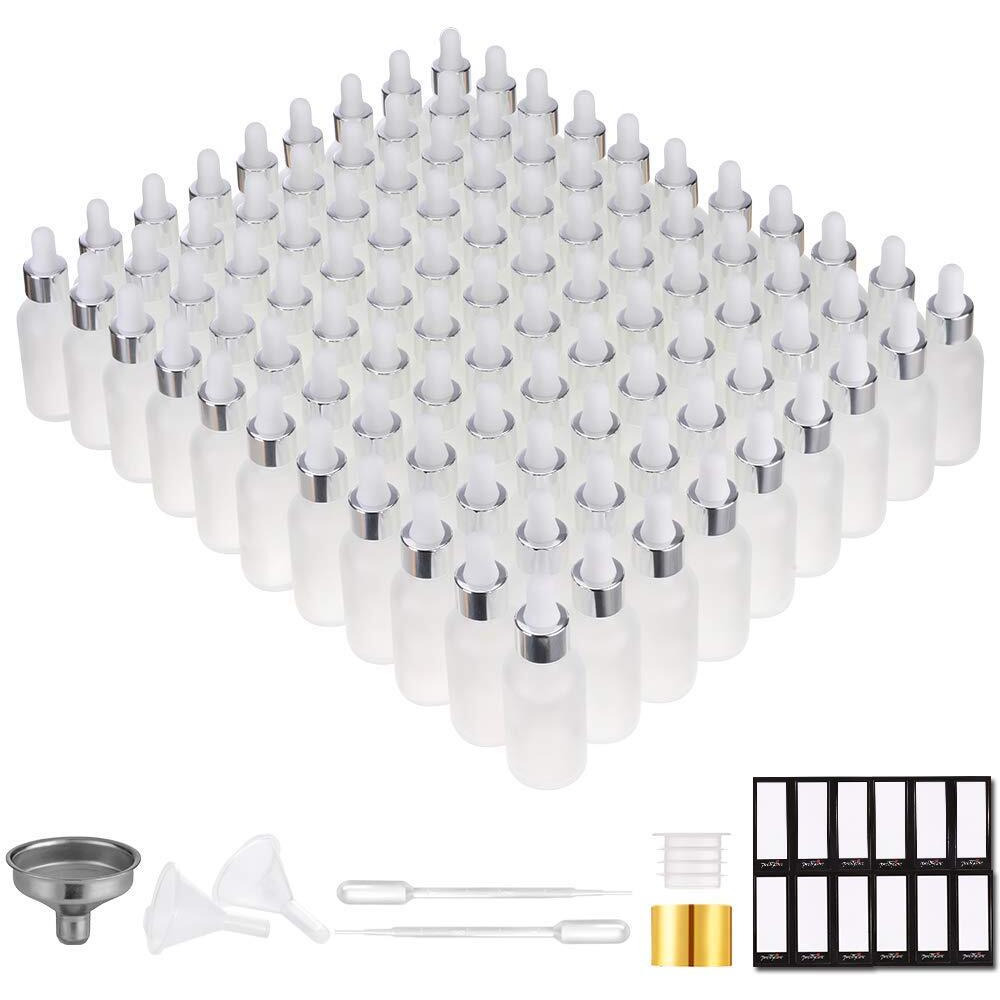 Prettycare Glass Dropper Bottles Set Of 99, 1Oz (30Ml) Frosted Empty Thick Bottles Bulk With Leakproof Silver Caps - With Labels & Funnels For For Storage, Travel,Essential Oils, Diy Serums