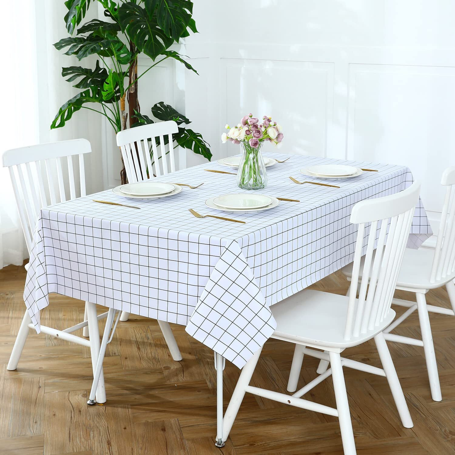 Romanstile Rectangle Plastic Tablecloth, 100% Waterproof Oil-Proof Checkered Pvc Table Cloths, Heavy Duty Vinyl Table Covers For Dining, Camping, Picnic, Outdoor - 60 X 102 Inch, White