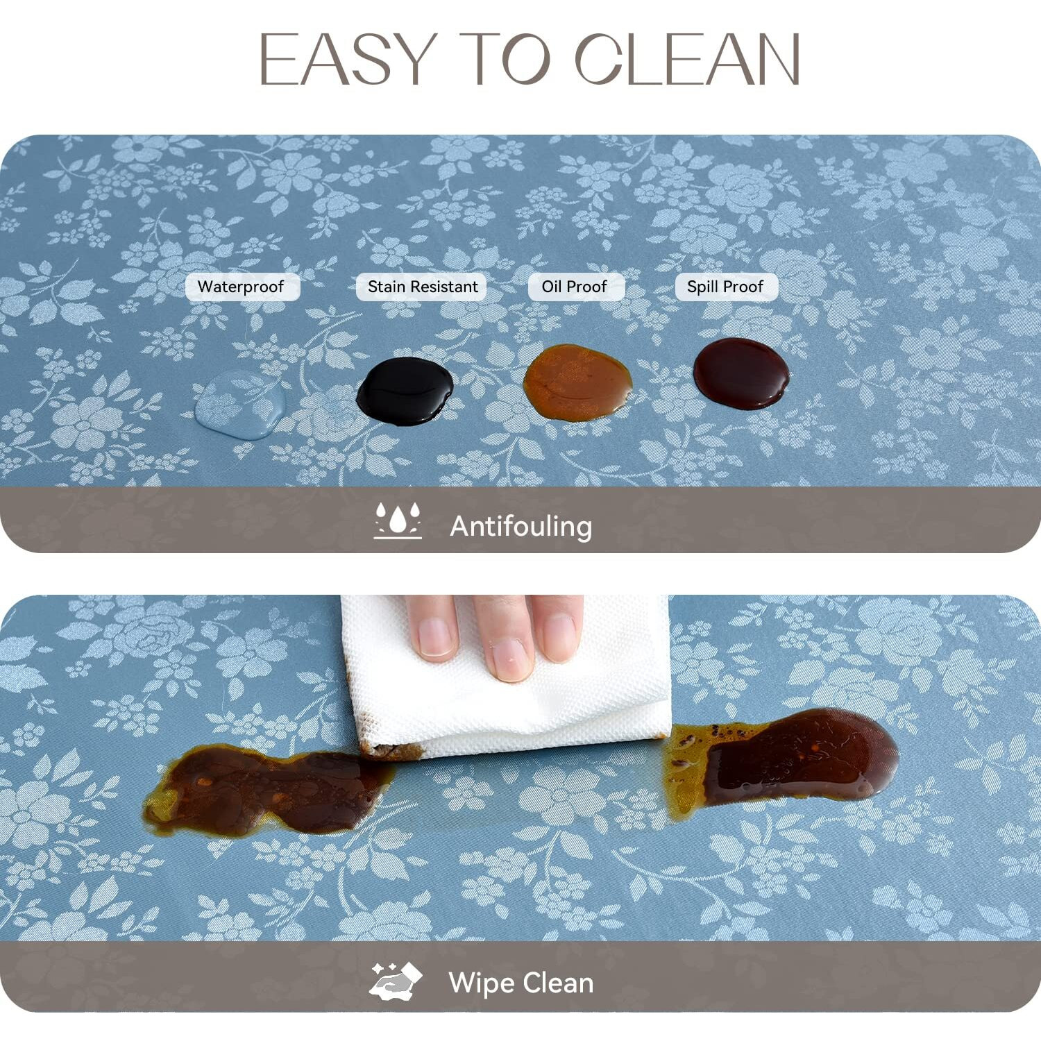 Romanstile Rectangle Vinyl Tablecloth,100% Waterproof Heavy Duty Oil Spill Proof Stain Resistant Plastic Pu Table Cover With Flannel Backing For Kitchen, Dining (Rose Blue, 60 X 120)