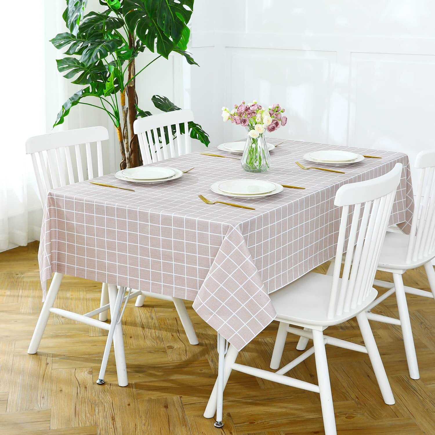 Romanstile Rectangle Plastic Tablecloth, 100% Waterproof Oil-Proof Checkered Pvc Table Cloths, Heavy Duty Vinyl Table Covers For Dining, Camping, Picnic, Outdoor - 54 X 108 Inch, Sand