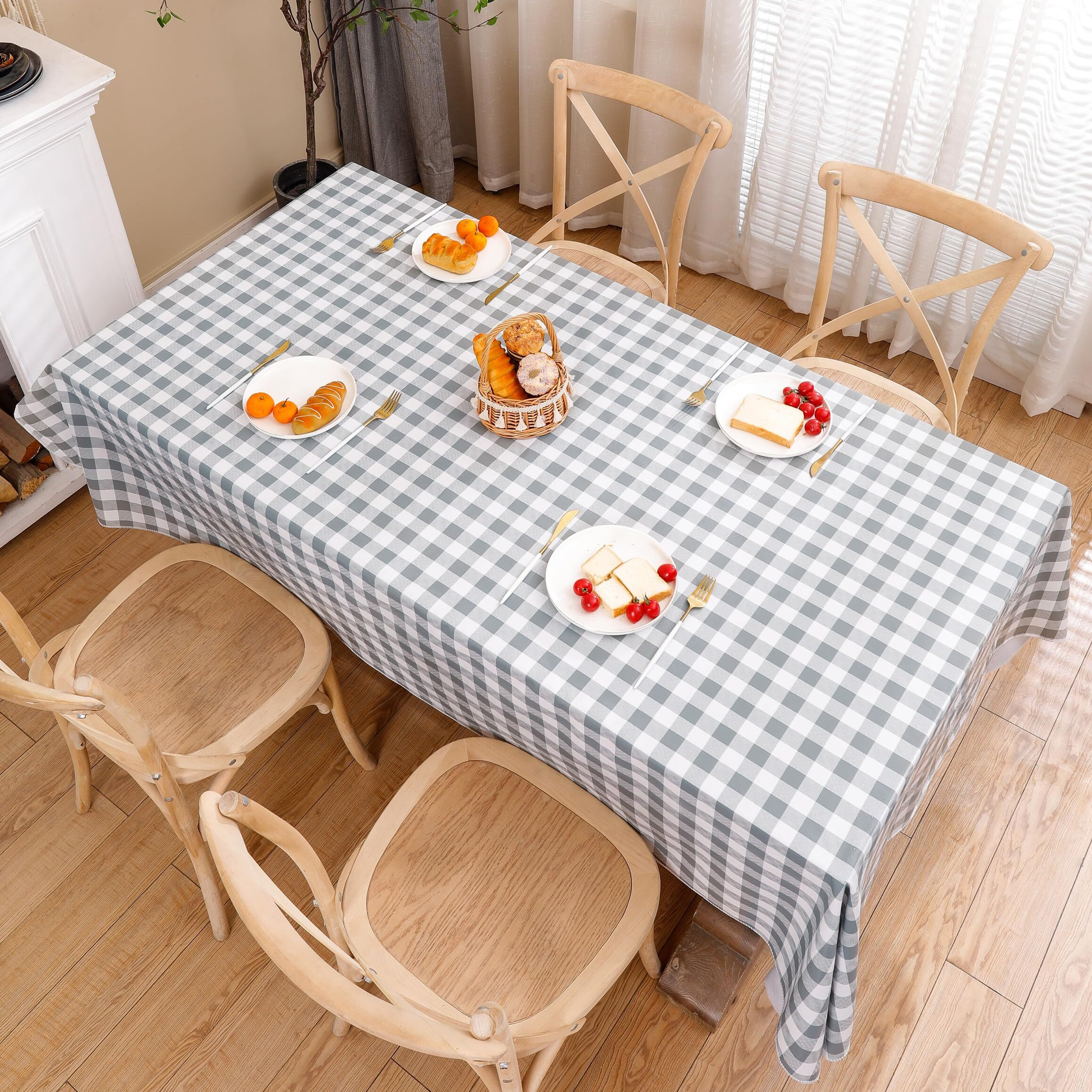 Heavy Duty Vinyl Tablecloth With Flannel Backing Waterproof Oil-Proof Plastic Table Cloth Stain-Resistant Wipeable Rectangle Or Square Table Cover For Indoor And Outdoor (Grey Checkered, 52X70 Inch)
