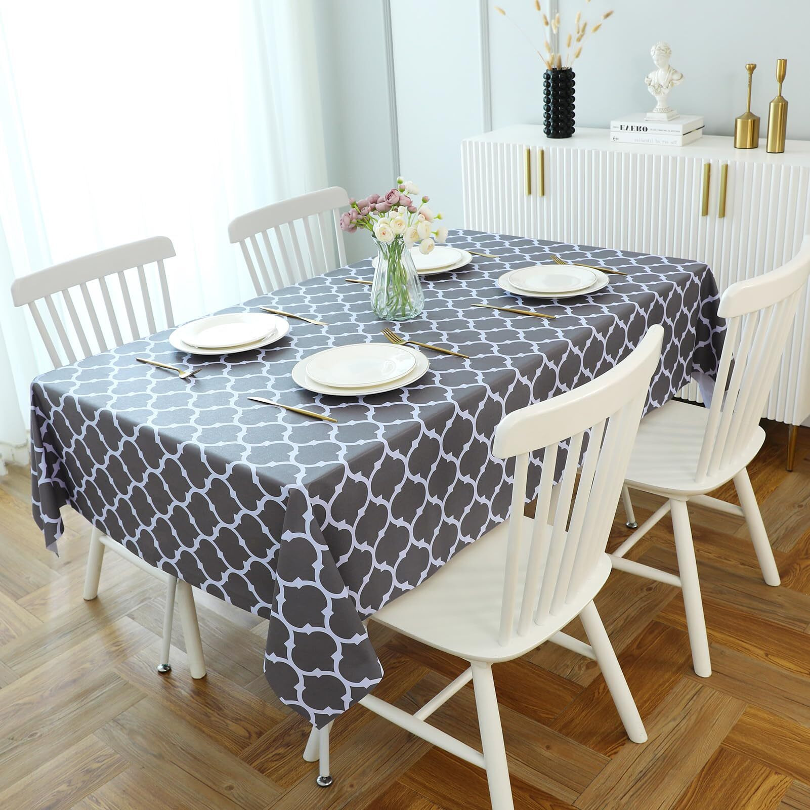 Romanstile Square Plastic Tablecloth, 100% Waterproof Oil-Proof Checkered Pvc Table Cloth, Heavy Duty Vinyl Table Cover For Dining, Camping, Picnic, Outdoor - 54 X 54 Inch, Moroco Grey