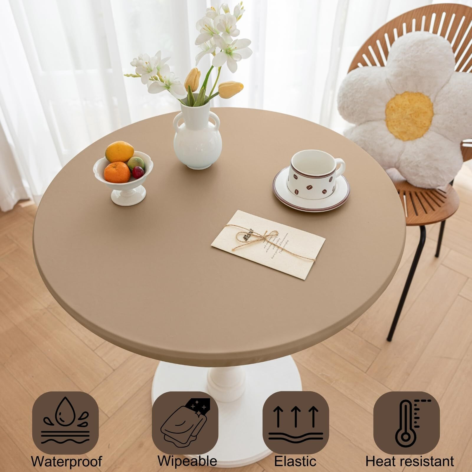 Huierxun Round Fitted Pu Tablecloth With High Elastic Edge 55 Inch Dia Waterproof Oil Proof Table Cloth Anti-Scald Stain-Resistant Wipeable Table Cover For Indoor Outdoor Picnic (Cream Coffee,55"&quotDia)