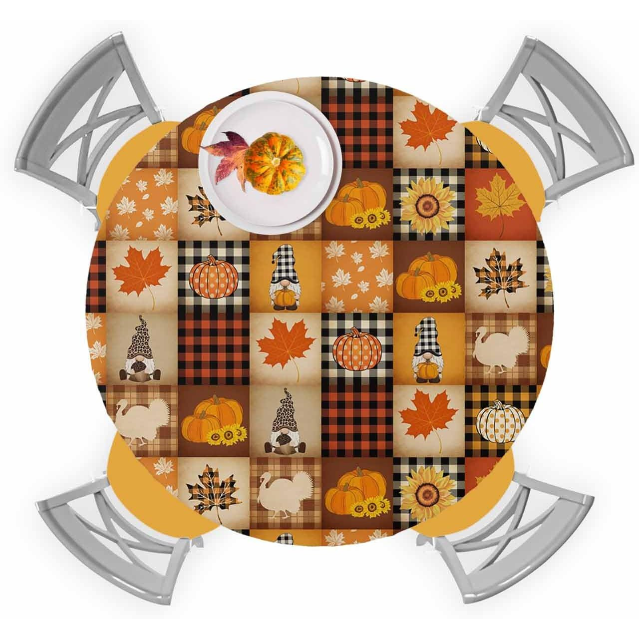 Ewdewwo Fall Pumpkin Elastic Round Tablecloth, Turkey Maple Leaf Gnome Plaid Thanksgiving Fitted Tablecloths For Round Table Oil-Proof Waterproof Table Cloth (Fit For 36"" - 44"" Round Tables)