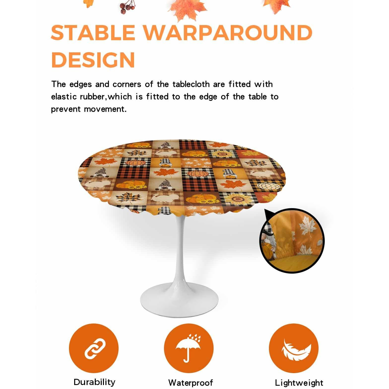 Ewdewwo Fall Pumpkin Elastic Round Tablecloth, Turkey Maple Leaf Gnome Plaid Thanksgiving Fitted Tablecloths For Round Table Oil-Proof Waterproof Table Cloth (Fit For 36"" - 44"" Round Tables)