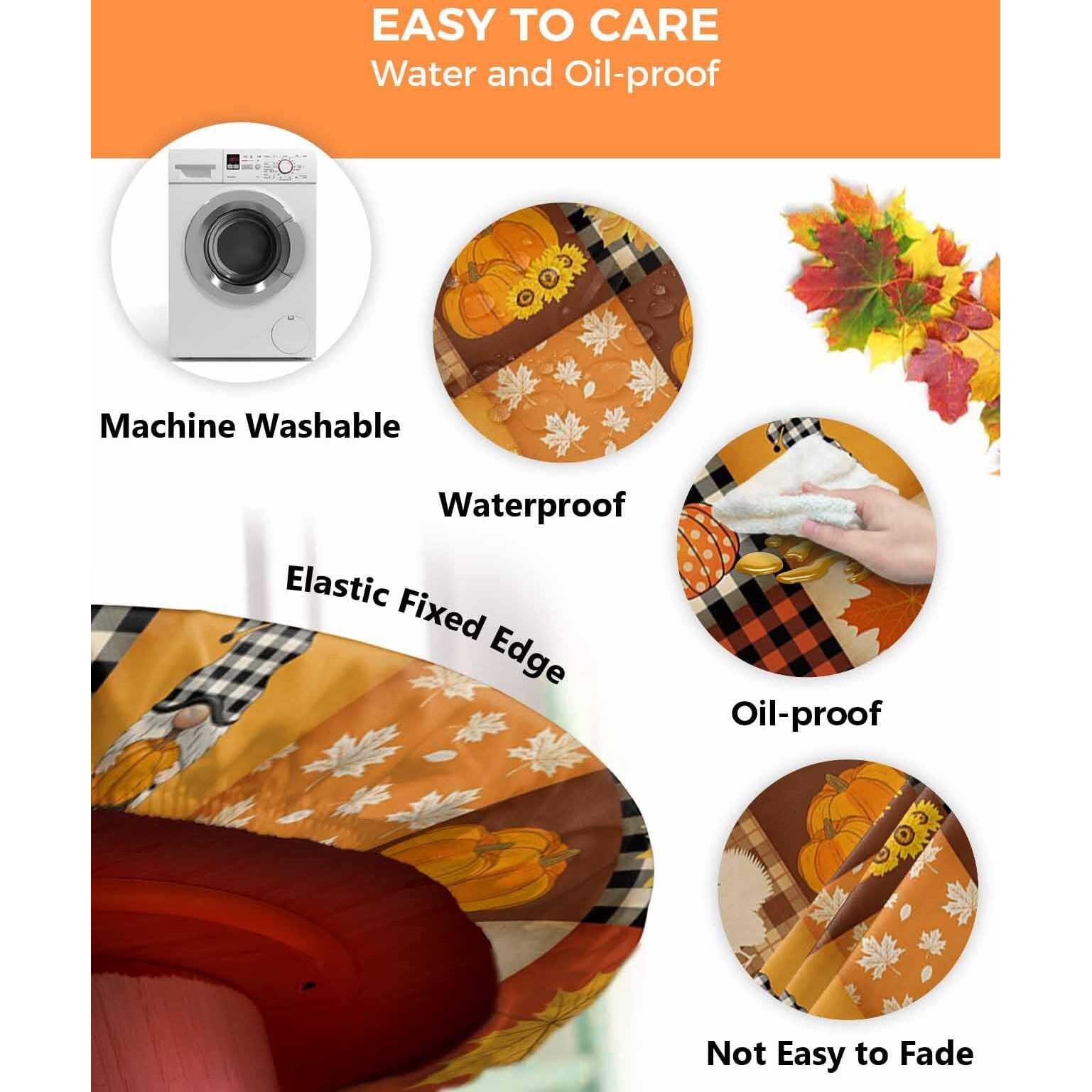 Ewdewwo Fall Pumpkin Elastic Round Tablecloth, Turkey Maple Leaf Gnome Plaid Thanksgiving Fitted Tablecloths For Round Table Oil-Proof Waterproof Table Cloth (Fit For 36"" - 44"" Round Tables)