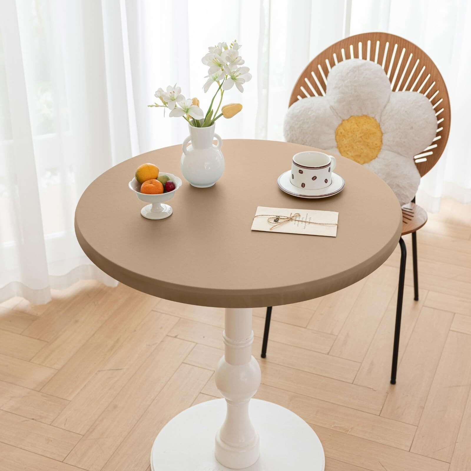 Huierxun Round Fitted Pu Tablecloth With High Elastic Edge 31 Inch Dia Waterproof Oil Proof Table Cloth Anti-Scald Stain-Resistant Wipeable Table Cover For Indoor Outdoor Picnic (Cream Coffee,31"&quotDia)