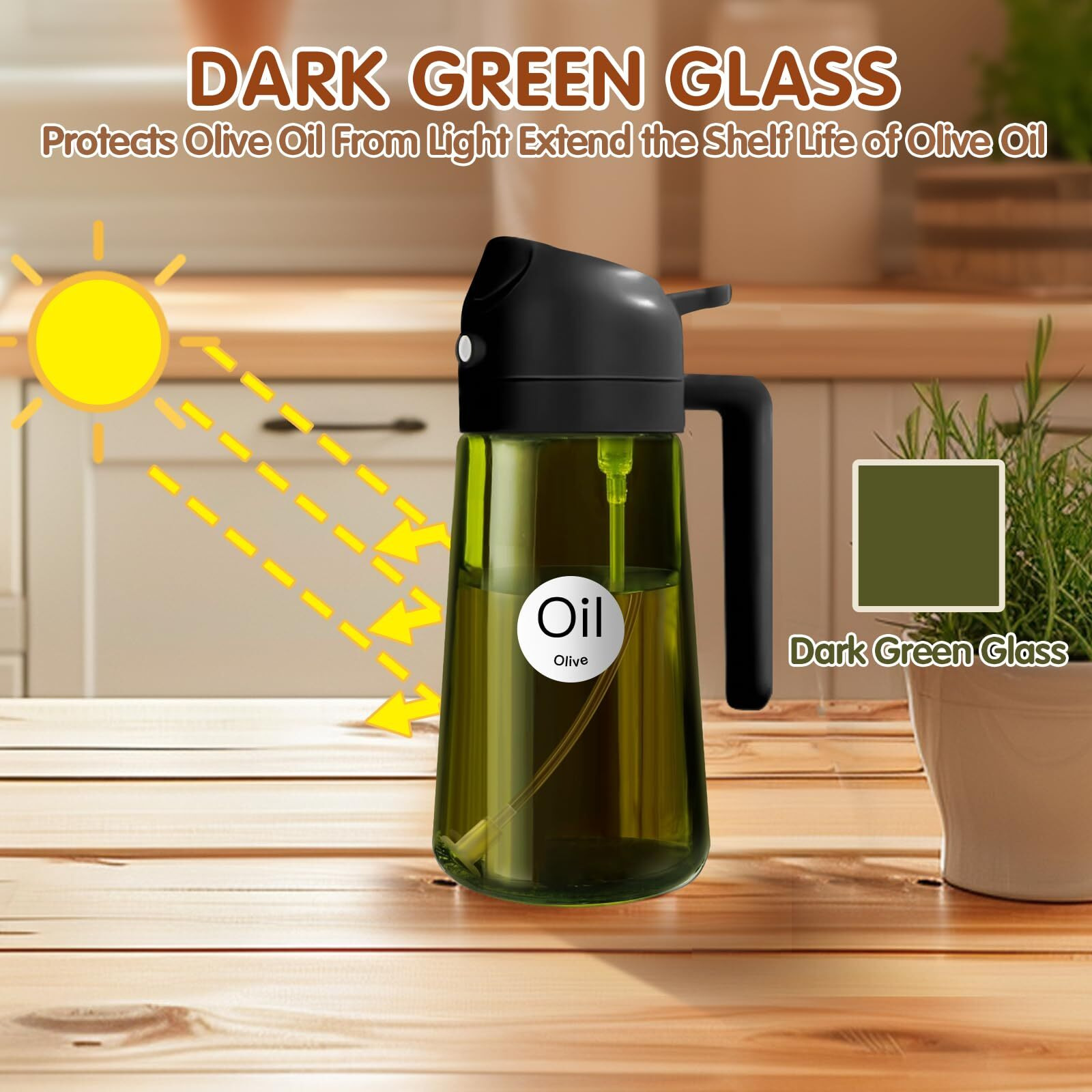 Yarramate 16Oz/470Ml Light-Blocking Dark Oil Sprayer For Cooking, 2 In 1 Olive Oil Dispenser Bottle For Kitchen, Premium Dark Green Glass Oil Bottle, Food-Grade Oil Mister For Air Fryer, Bbq (Black)