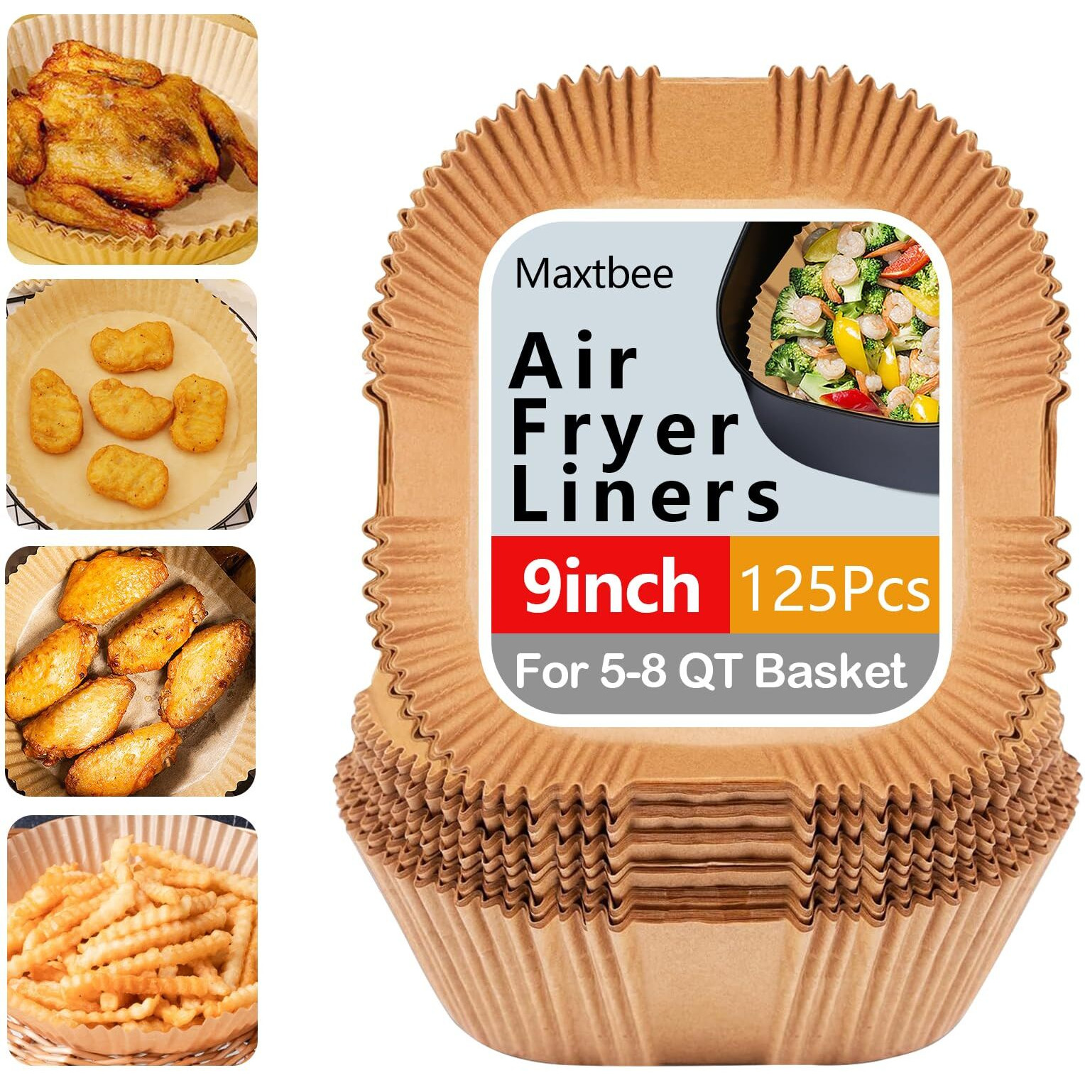9 Inch Air Fryer Liners, 125Pcs Non-Stick Air Fryer Paper Liners Disposable, Oil-Proof & High-Temperature Resistant Square Baking Paper For Air Fryer, Microwave And Oven(Bottom Is 8 Inch)