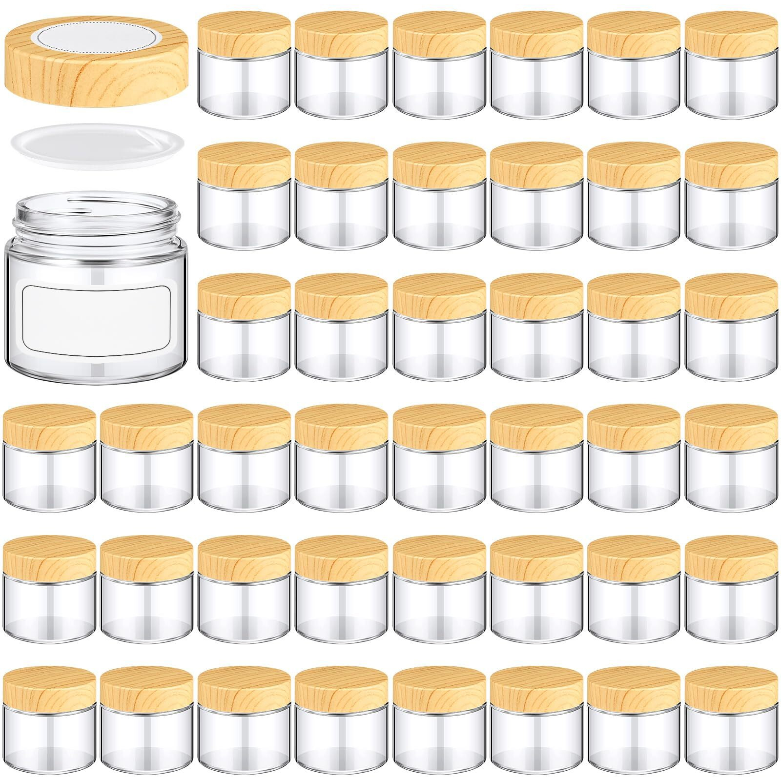 Layhit 96 Pcs Glass Jars With Lids Clear Small Jars With Plastic Woodgrain Lids, White Labels And Inner Liners Empty Round Cosmetic Containers For Creams Lotions Powder Candle Making (2Oz/ 60Ml)