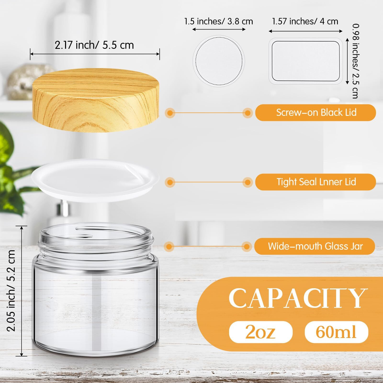 Layhit 96 Pcs Glass Jars With Lids Clear Small Jars With Plastic Woodgrain Lids, White Labels And Inner Liners Empty Round Cosmetic Containers For Creams Lotions Powder Candle Making (2Oz/ 60Ml)