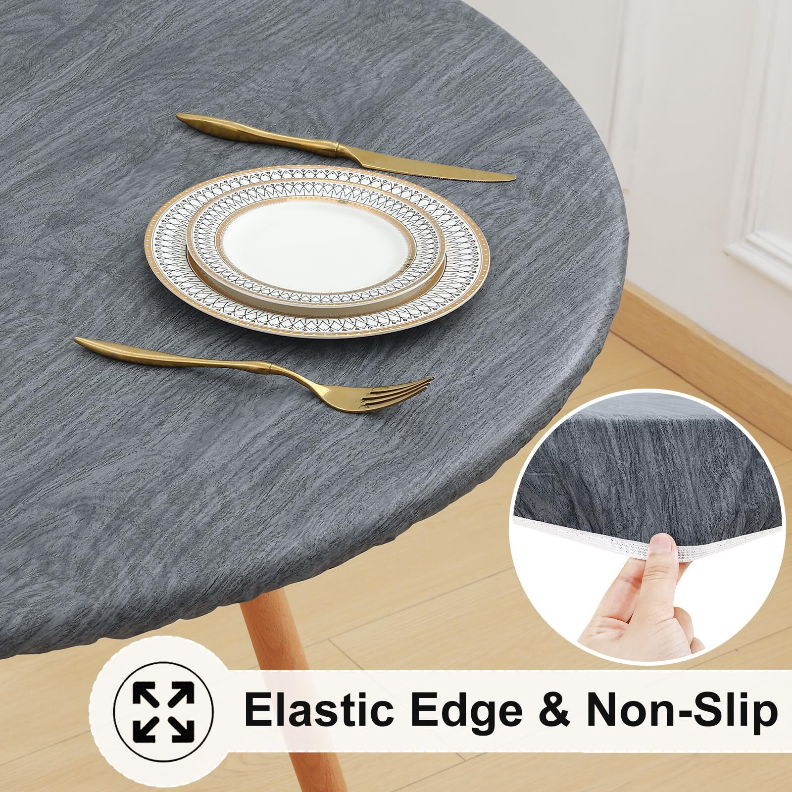 Misaya Round Fitted Tablecloth With Elastic Edge, 100% Waterproof Oil Proof Plastic Table Cover, Vinyl Flannel Backed Tablecloth Fits 45""-56"" Round Tables For Dinner, Outdoor, Picnic, Wood Grey