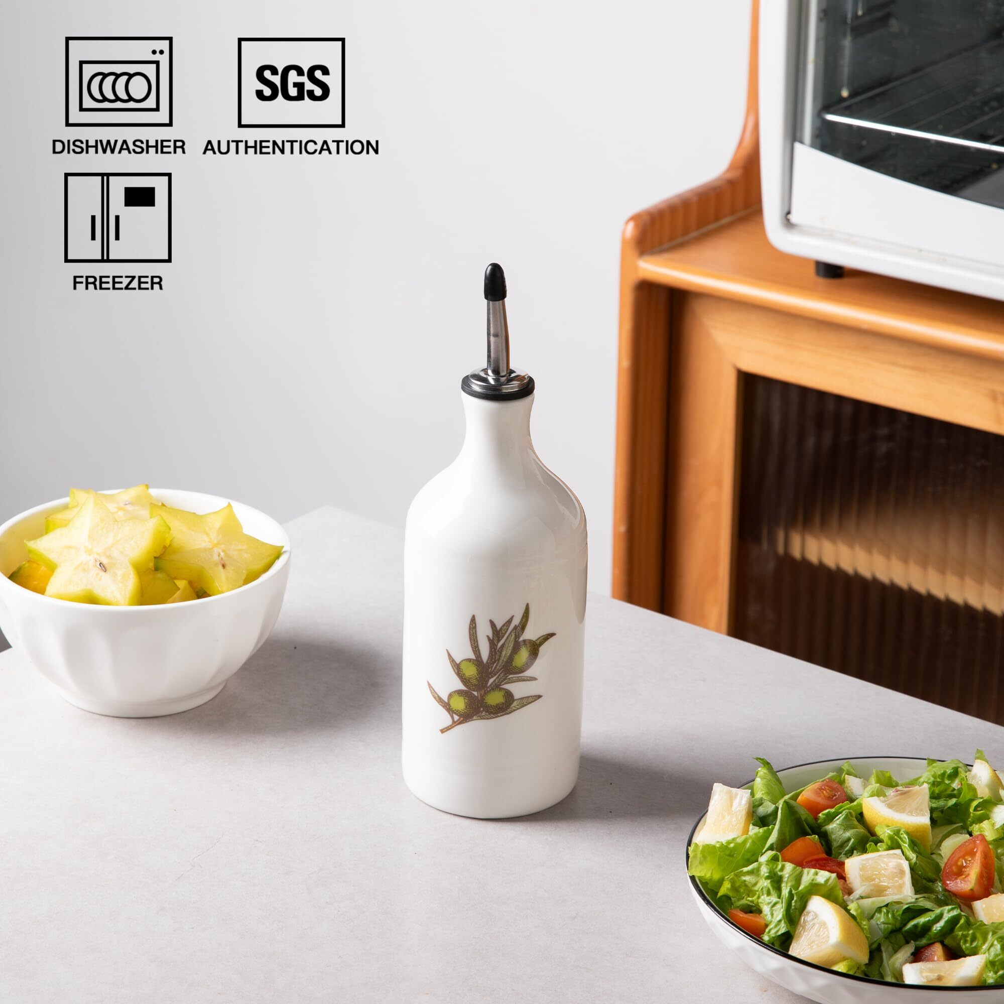 Sweejar Porcelain Olive Oil Dispenser Bottle, Opaque Oil Cruet Protects Oil To Reduce Oxidation, Suitable For Storage Of Oil, Vinegar, Soy Sauce And Other Liquids, Pack Of 1, 15.5 Oz (Olive Leaf)