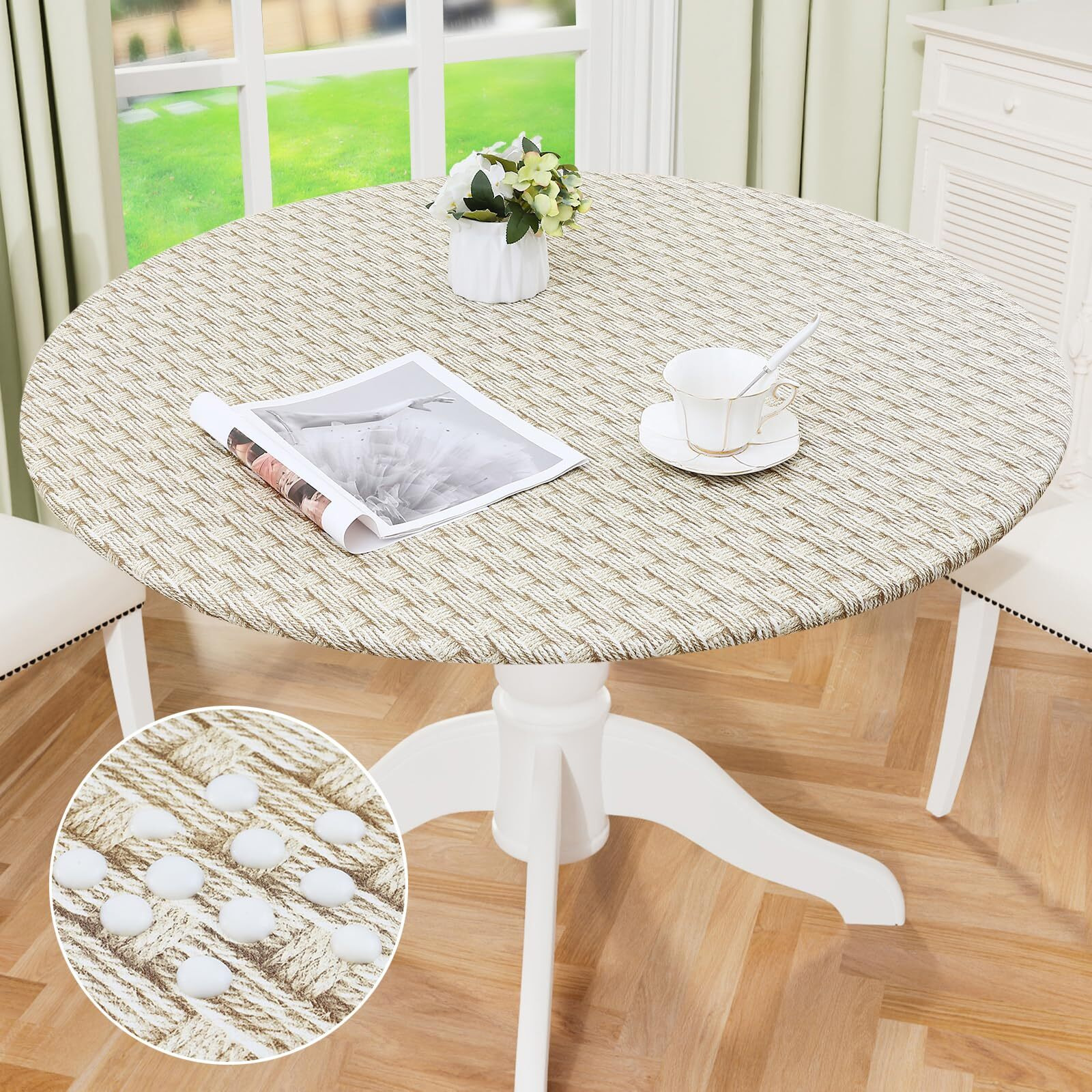 Misaya Round Fitted Tablecloth With Elastic Edge, 100% Waterproof Oil Proof Plastic Table Cover, Vinyl Flannel Backed Tablecloth Fits 57""-66"" Round Tables For Dinner, Outdoor, Picnic, Weave
