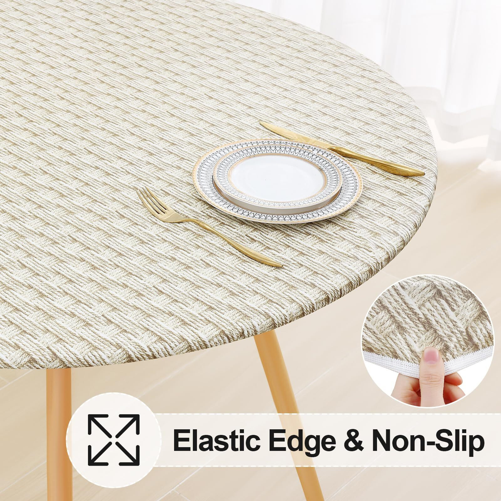 Misaya Round Fitted Tablecloth With Elastic Edge, 100% Waterproof Oil Proof Plastic Table Cover, Vinyl Flannel Backed Tablecloth Fits 57""-66"" Round Tables For Dinner, Outdoor, Picnic, Weave