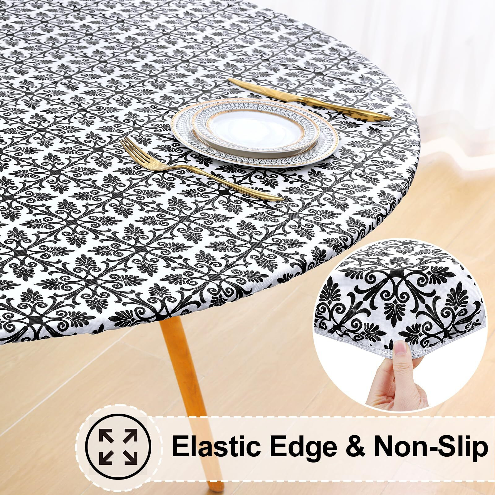 Misaya Round Fitted Tablecloth With Elastic Edge, 100% Waterproof Oil Proof Plastic Table Cover, Vinyl Flannel Backed Tablecloth Fits 36""-44"" Round Tables For Dinner, Outdoor, Picnic, Black