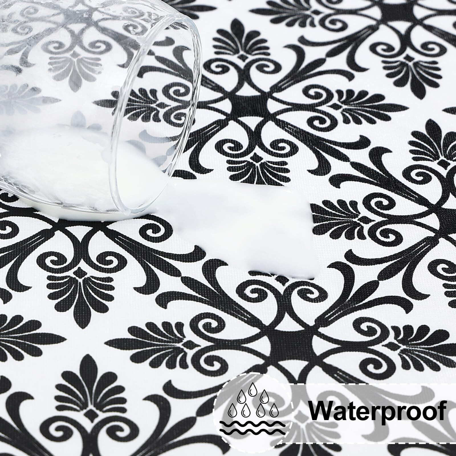 Misaya Round Fitted Tablecloth With Elastic Edge, 100% Waterproof Oil Proof Plastic Table Cover, Vinyl Flannel Backed Tablecloth Fits 36""-44"" Round Tables For Dinner, Outdoor, Picnic, Black