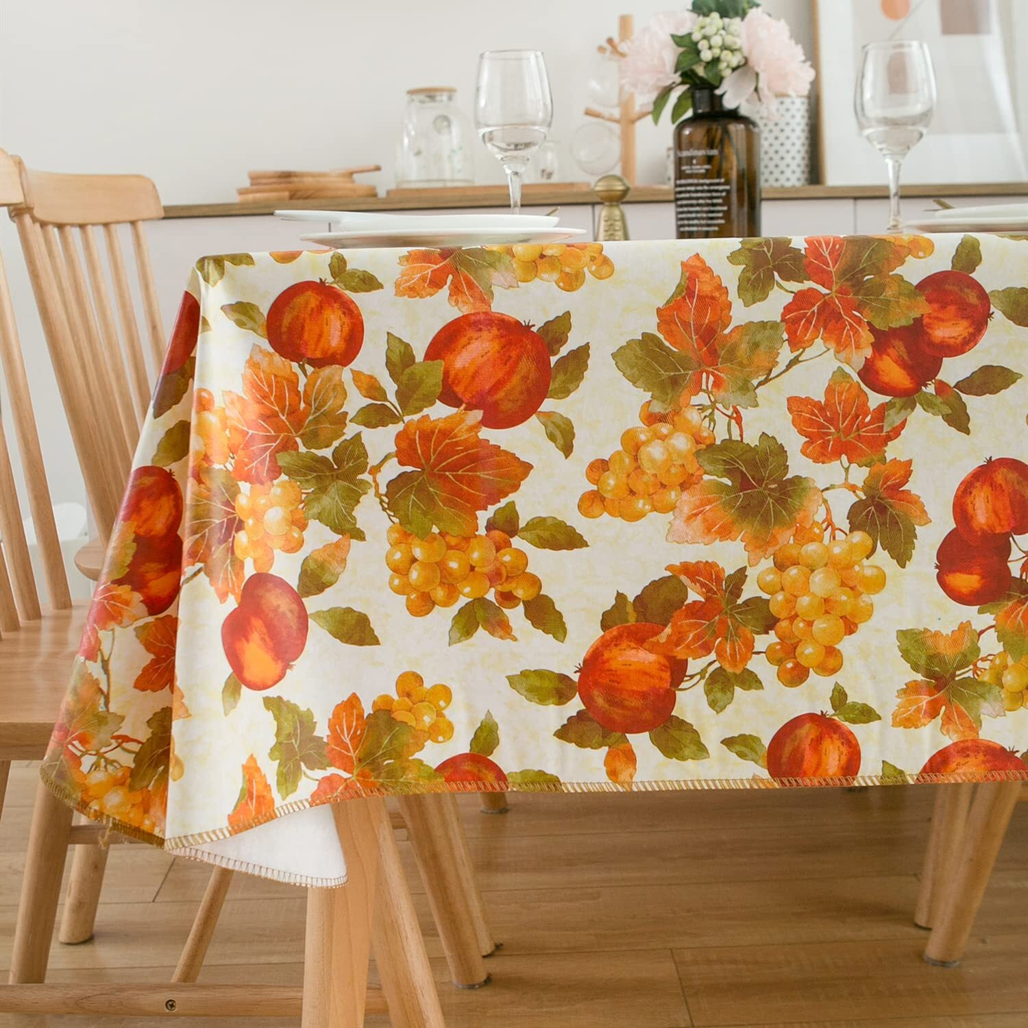 Vinyl Tablecloth With Flannel Backed Waterproof Oil-Proof Pvc Table Cloth Wipeable Spill-Proof Plastic Table Cover For Indoor And Outdoor(Grape&Fruit, 60 X 84 Inch Rectangle)