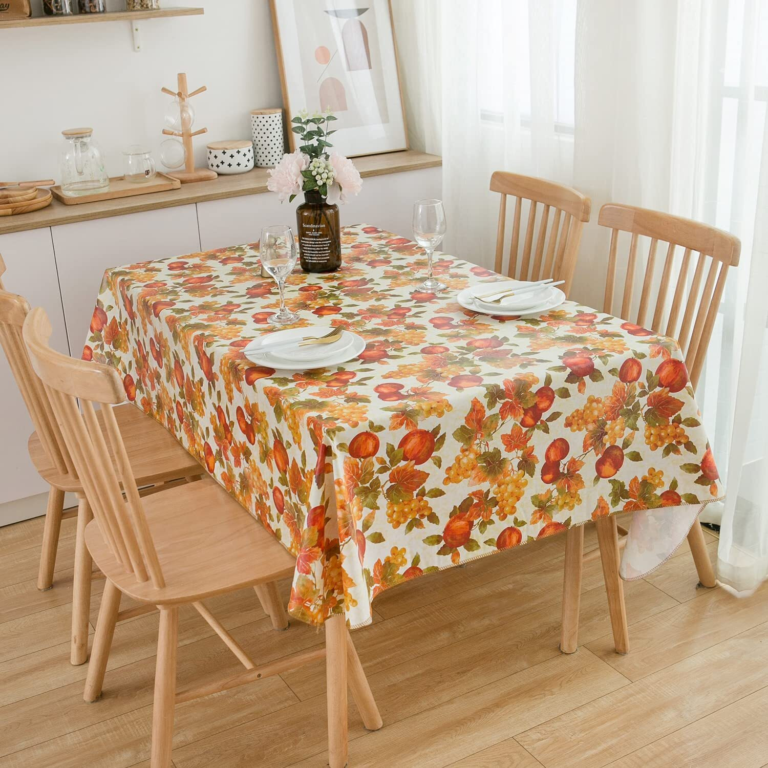 Vinyl Tablecloth With Flannel Backed Waterproof Oil-Proof Pvc Table Cloth Wipeable Spill-Proof Plastic Table Cover For Indoor And Outdoor(Grape&Fruit, 60 X 84 Inch Rectangle)