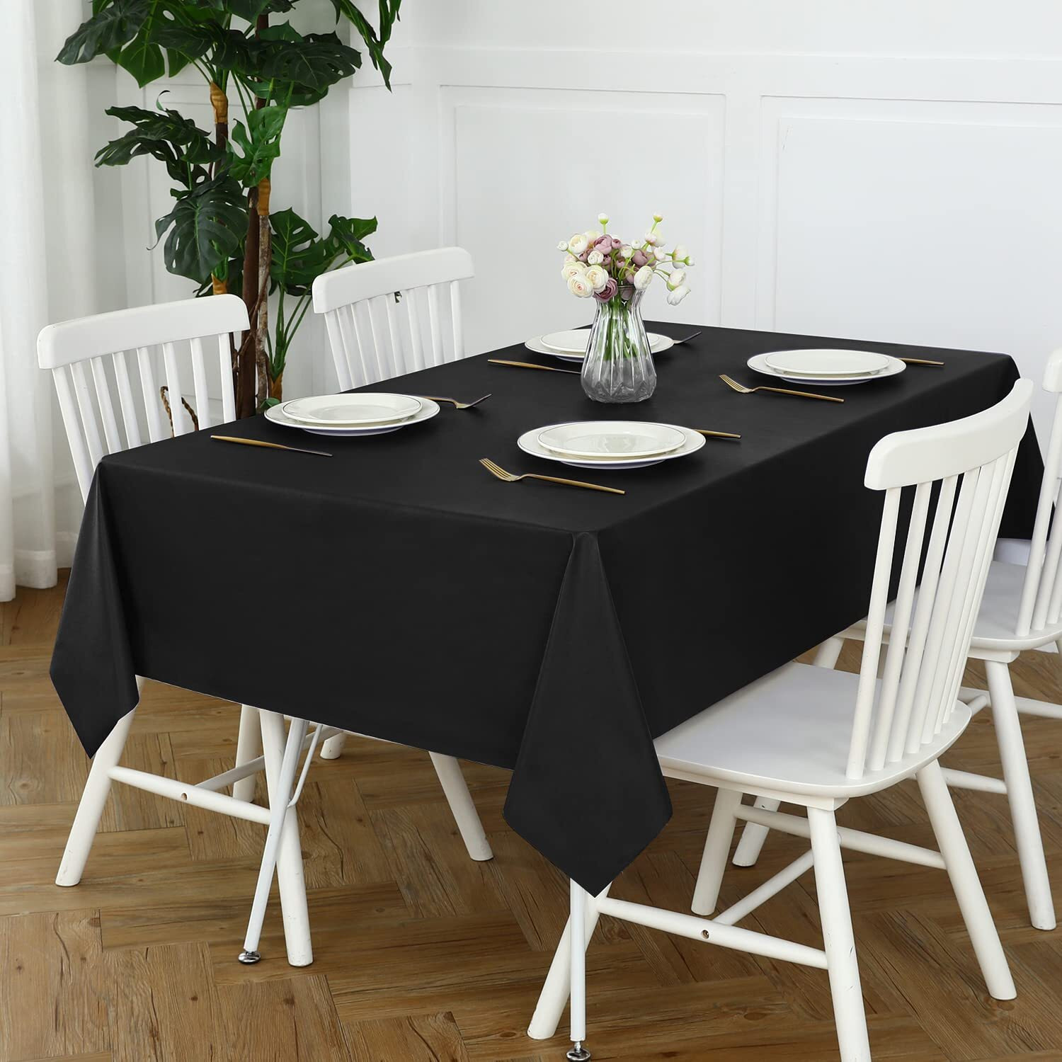 Romanstile 100% Waterproof Pvc Tablecloth, Square Oil Spill Proof Stain Resistant Vinyl Table Cloth, Wipe Clean Plastic Table Covers For Kitchen/Dining/Parties - 54 X 54 Inch, Black