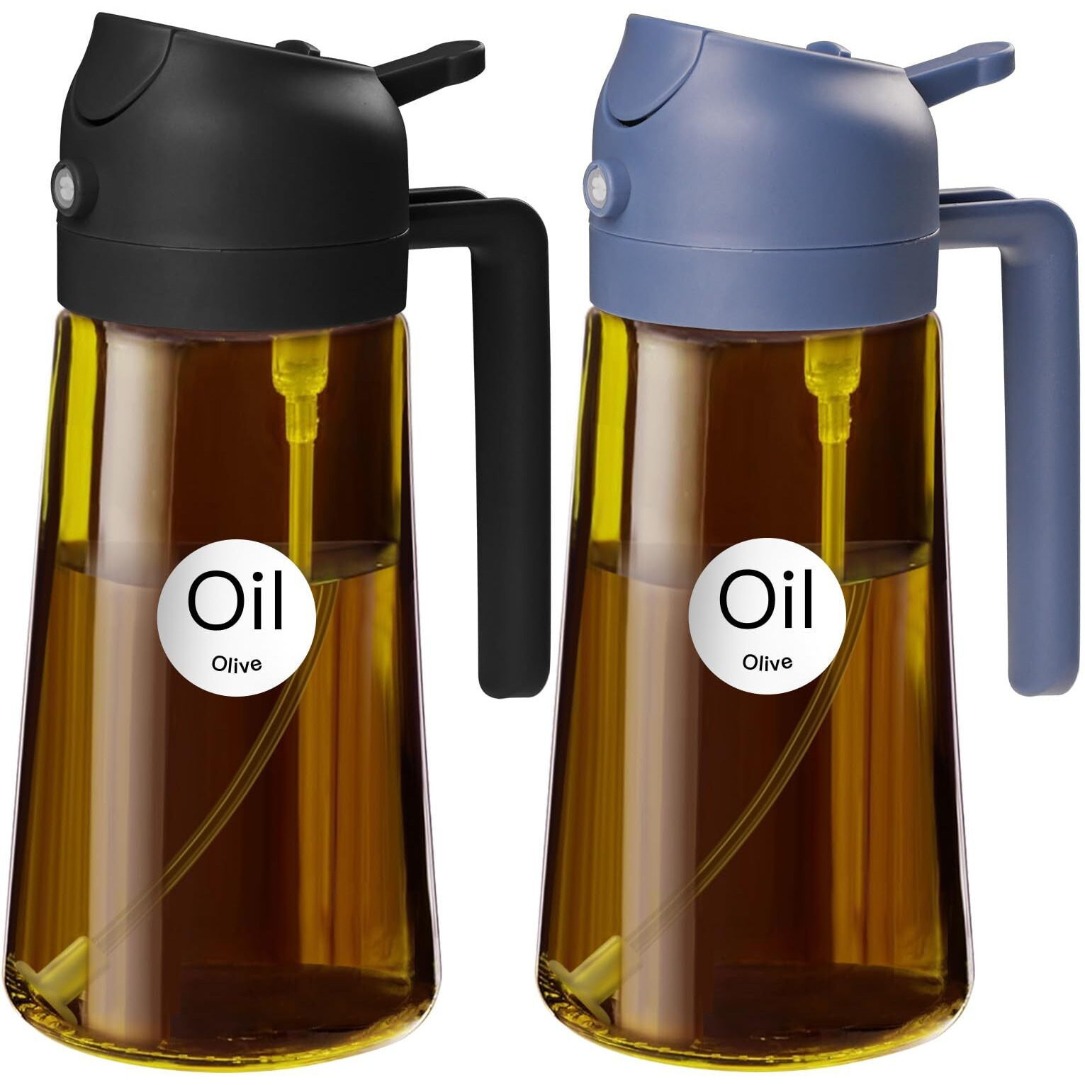 Yarramate 2Pcs 16Oz/470Ml Dark Brown Oil Sprayer For Cooking With Stickers, Food-Grade Premium 2 In 1 Olive Oil Dispenser Bottle For Kitchen Gadgets, Air Fryer, Salad, Frying, Bbq (Black&Navy)