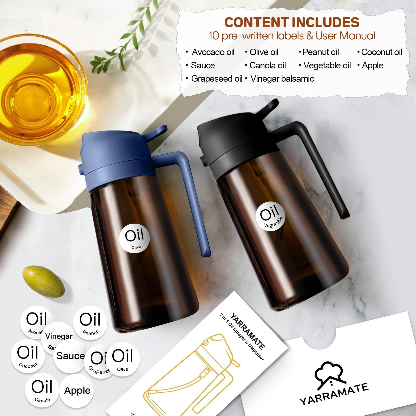 Yarramate 2Pcs 16Oz/470Ml Dark Brown Oil Sprayer For Cooking With Stickers, Food-Grade Premium 2 In 1 Olive Oil Dispenser Bottle For Kitchen Gadgets, Air Fryer, Salad, Frying, Bbq (Black&Navy)