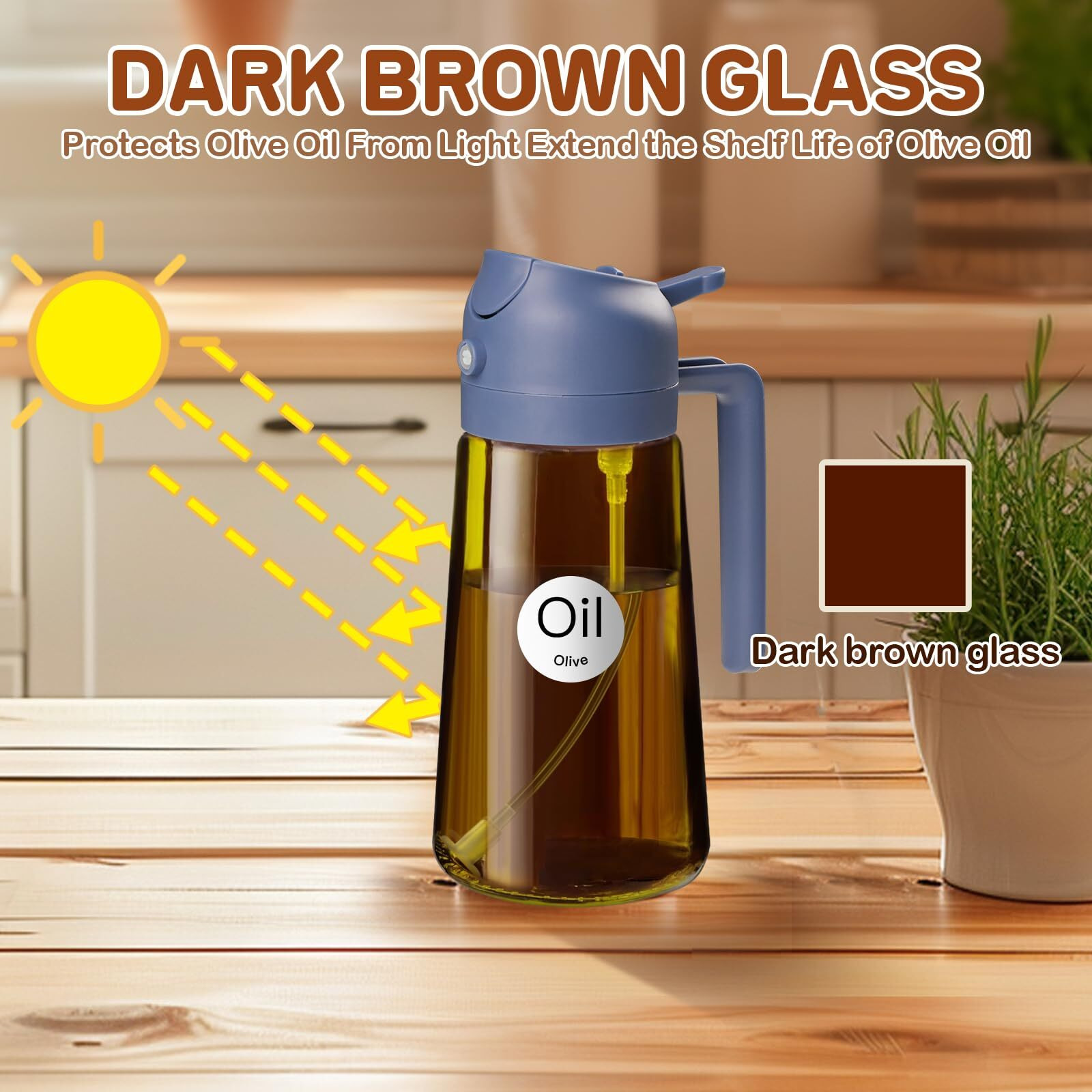Yarramate 2Pcs 16Oz/470Ml Dark Brown Oil Sprayer For Cooking With Stickers, Food-Grade Premium 2 In 1 Olive Oil Dispenser Bottle For Kitchen Gadgets, Air Fryer, Salad, Frying, Bbq (Black&Navy)