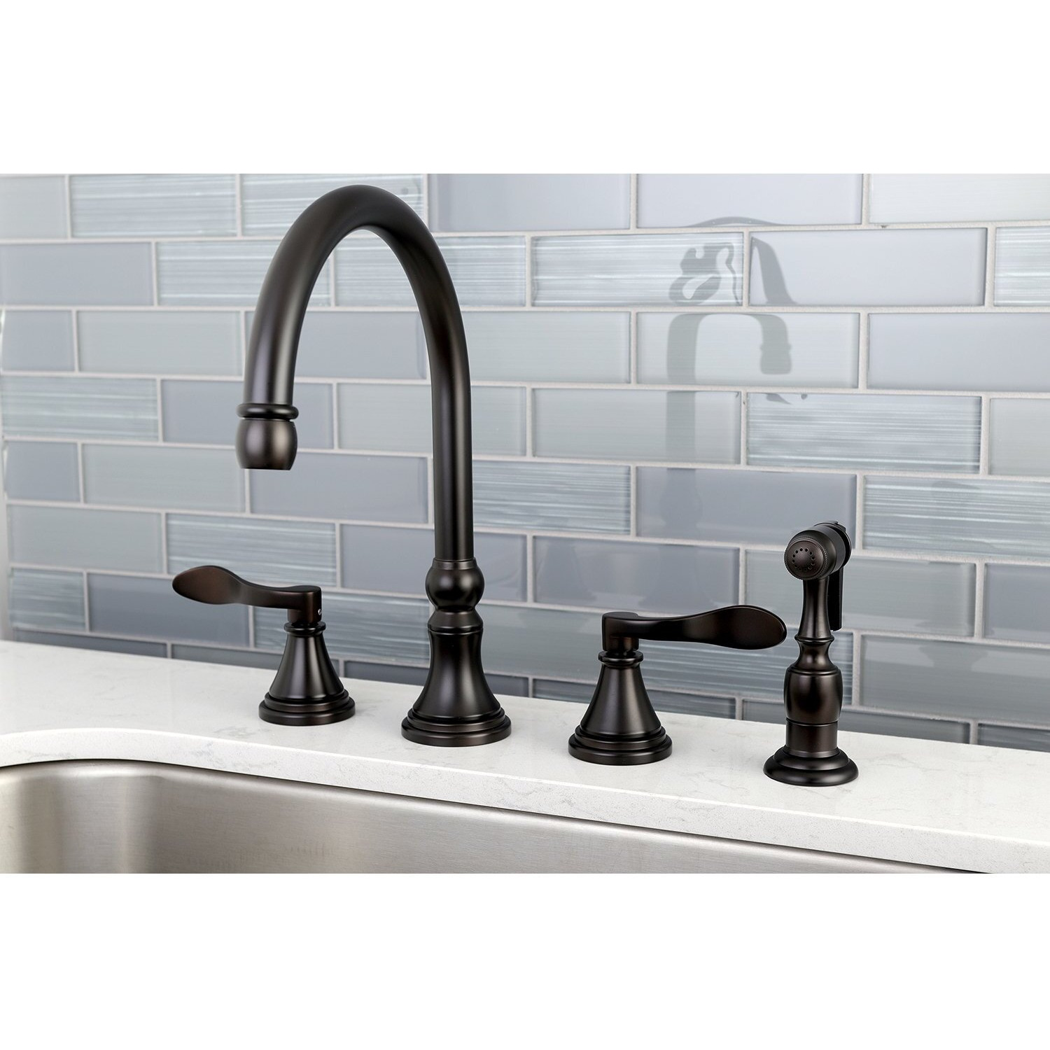 Kingston Brass Ks2795Dflbs Nufrench Widespread Kitchen Faucet, 8-1/4 Inch Spout Reach, Oil Rubbed Bronze