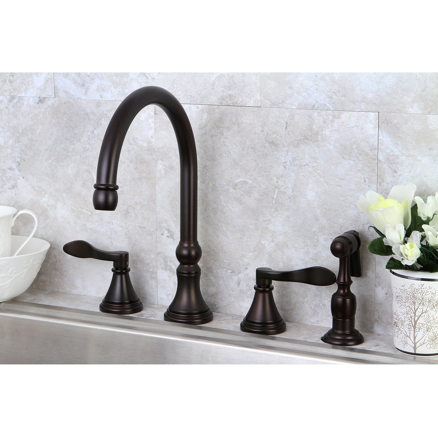 Kingston Brass Ks2795Dflbs Nufrench Widespread Kitchen Faucet, 8-1/4 Inch Spout Reach, Oil Rubbed Bronze