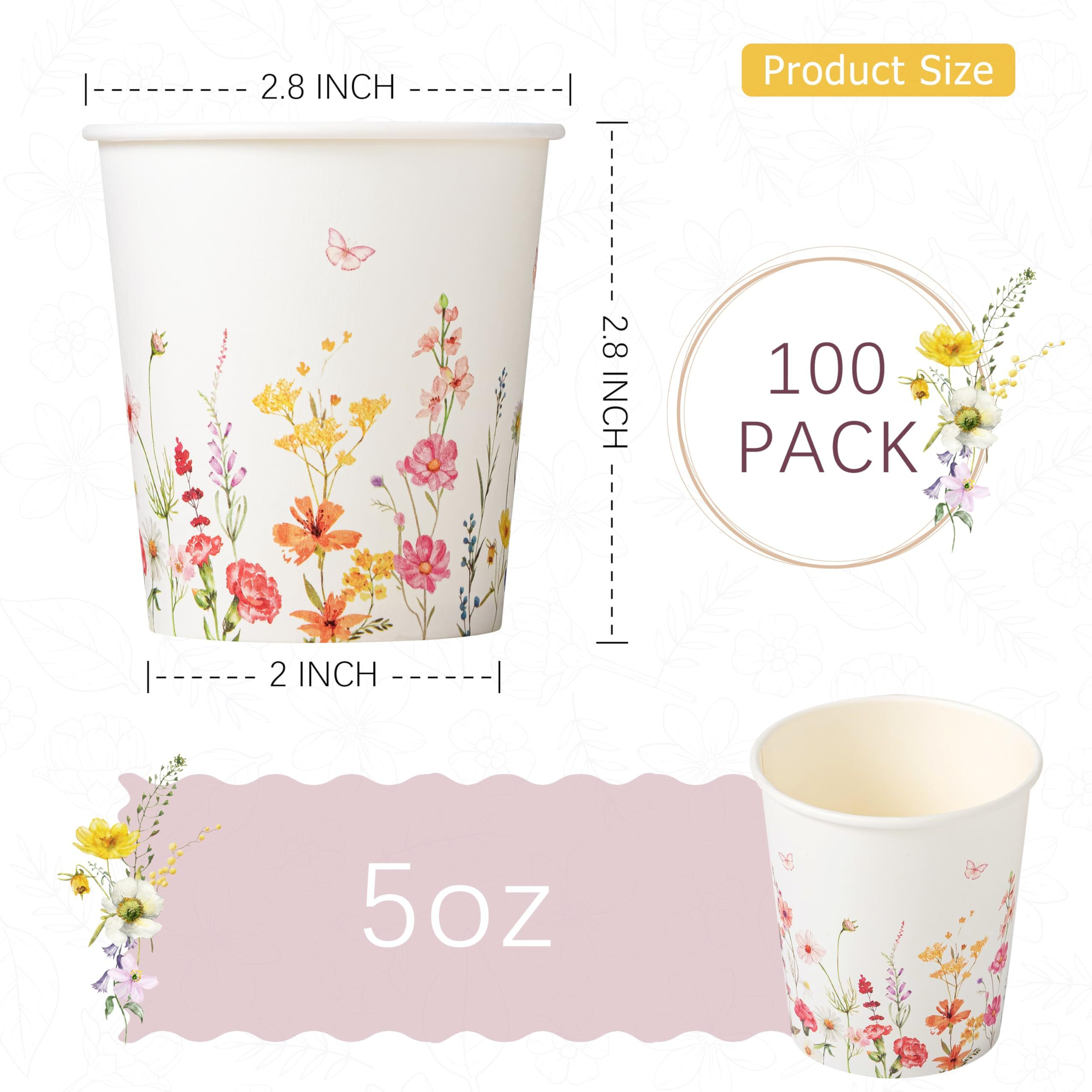 Crisky 100 Pack Paper Bathroom Cups 6Oz Disposable, Elegant Design Floral Small Mouthwash Cup, Suit Hot/Cold Beverage Coffee, Dessert For Birthday Parties, Home-Use, Picnics, Ceremonies