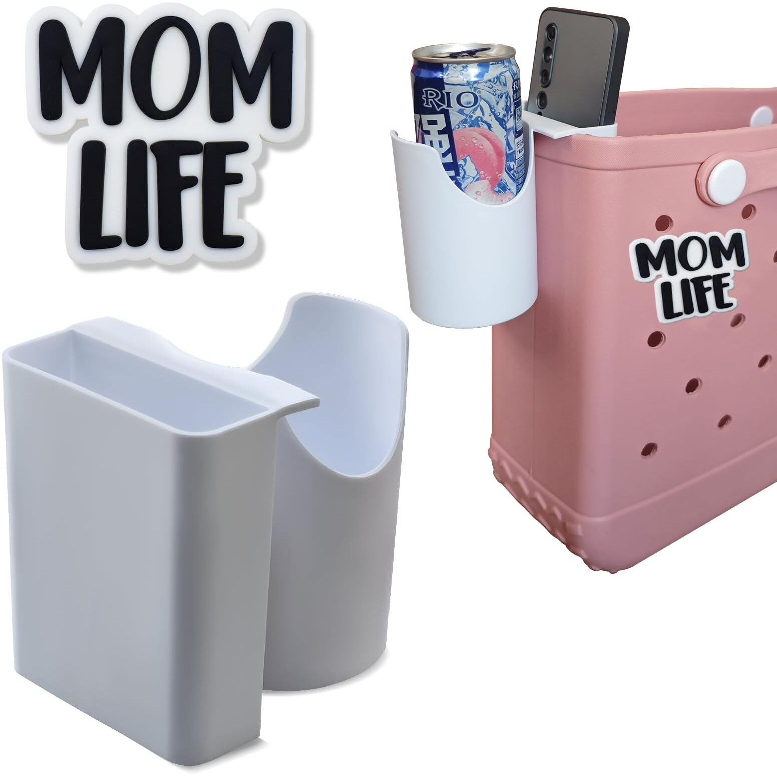 Hmges Phone And Cup 2In1 Holder For Bogg Bag/Simply Southern,Multifunction Organizer Accessories For Rubber Beach Tote,Compatible With All Brands/Sizes Beach Bag & 20/30Oz Stanley Tumbler-White