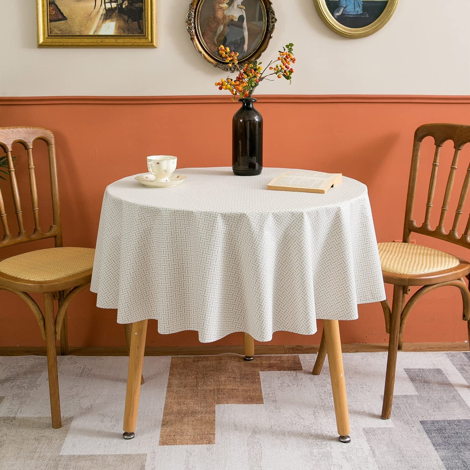 Vinyl Tablecloth With Flannel Backed Waterproof Oil-Proof Pvc Table Cloth Wipeable Spill-Proof Plastic Table Cover For Indoor And Outdoor(Weave, 60 X 60 Inch Round)