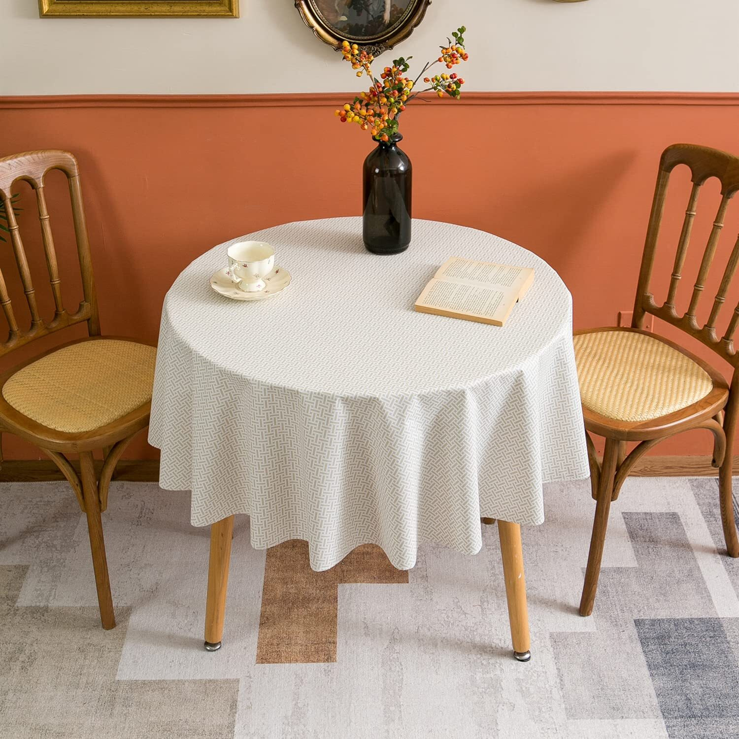 Vinyl Tablecloth With Flannel Backed Waterproof Oil-Proof Pvc Table Cloth Wipeable Spill-Proof Plastic Table Cover For Indoor And Outdoor(Weave, 60 X 60 Inch Round)