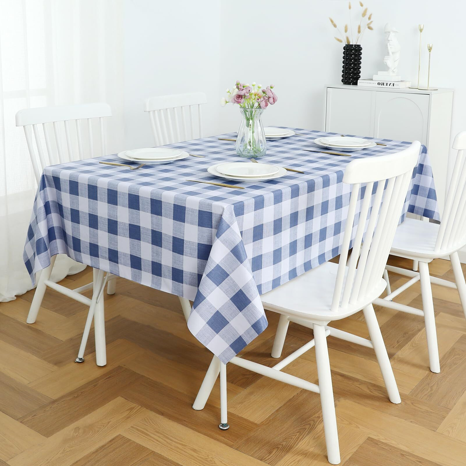 Romanstile Rectangle Plastic Tablecloth, 100% Waterproof Oil-Proof Checkered Pvc Table Cloth, Heavy Duty Vinyl Table Cover For Dining, Camping, Picnic, Outdoor - 54 X 120 Inch, Light Blue And White