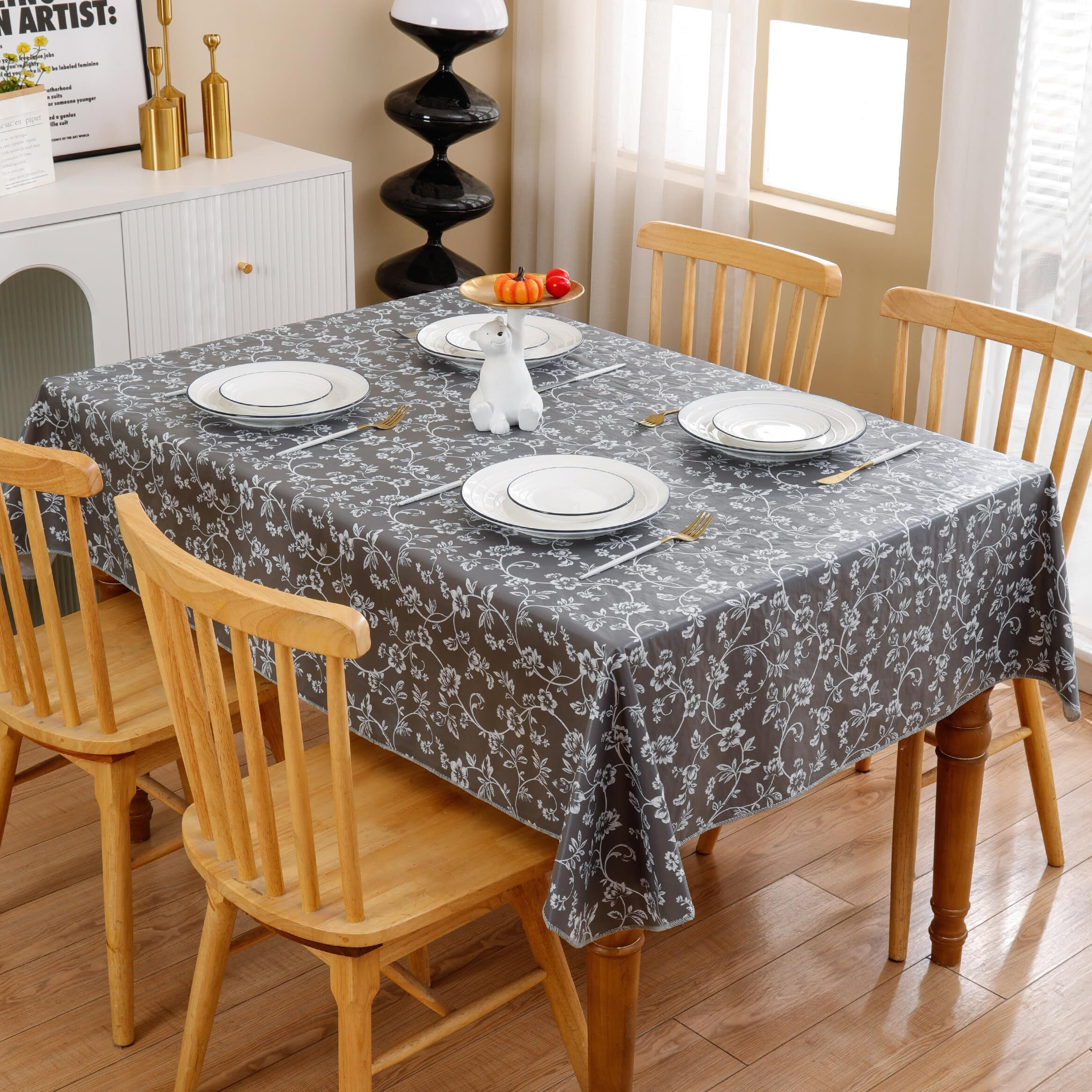 Heavy Duty Vinyl Tablecloth With Flannel Backing Waterproof Oil-Proof Plastic Table Cloth Stain-Resistant Wipeable Rectangle Or Square Table Cover For Indoor And Outdoor (Grey Floral,52X70 Inch)